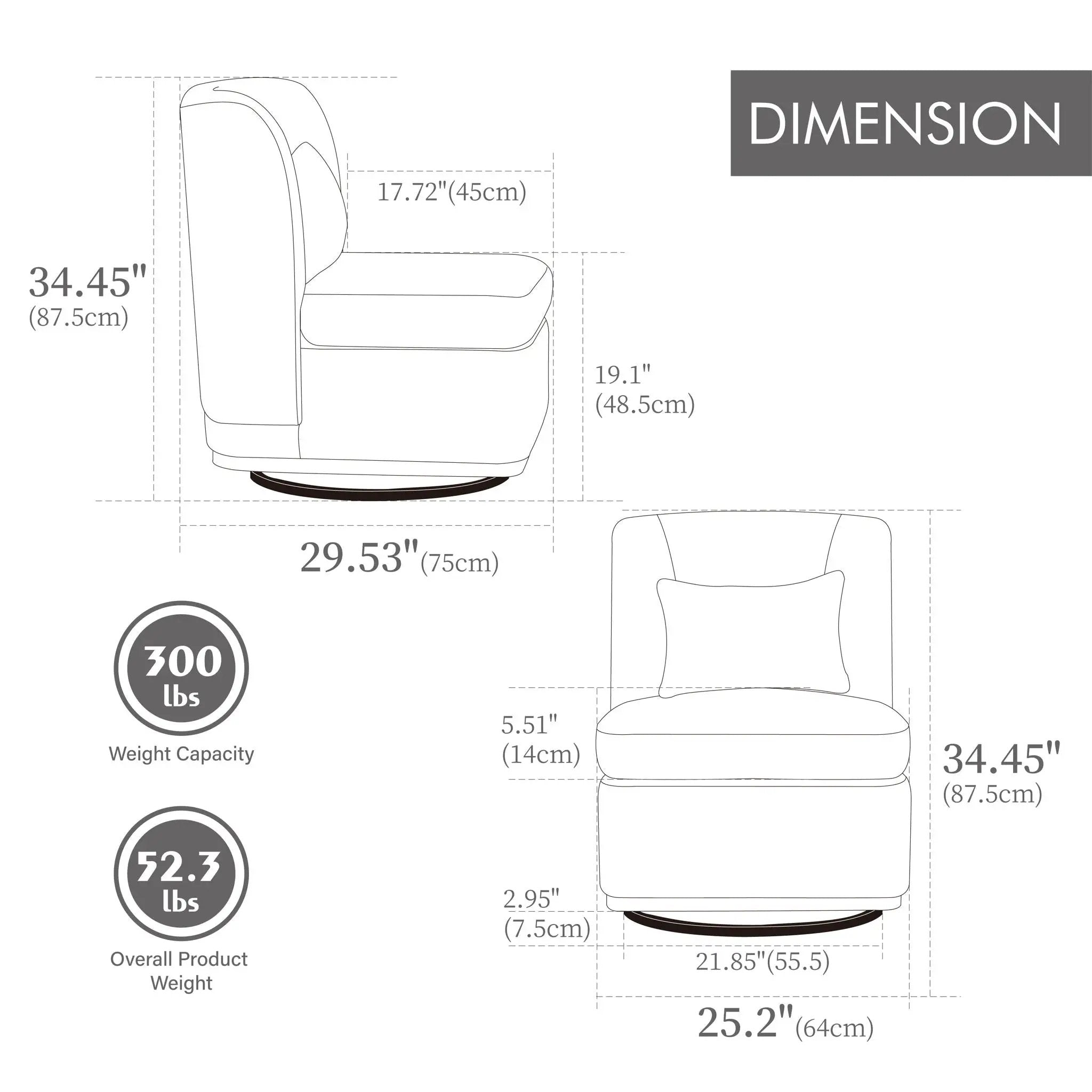 Wide Modern Cushioned Armless Metal Base 360° Swivel Chair With Pillow by Unique Piece Furniture