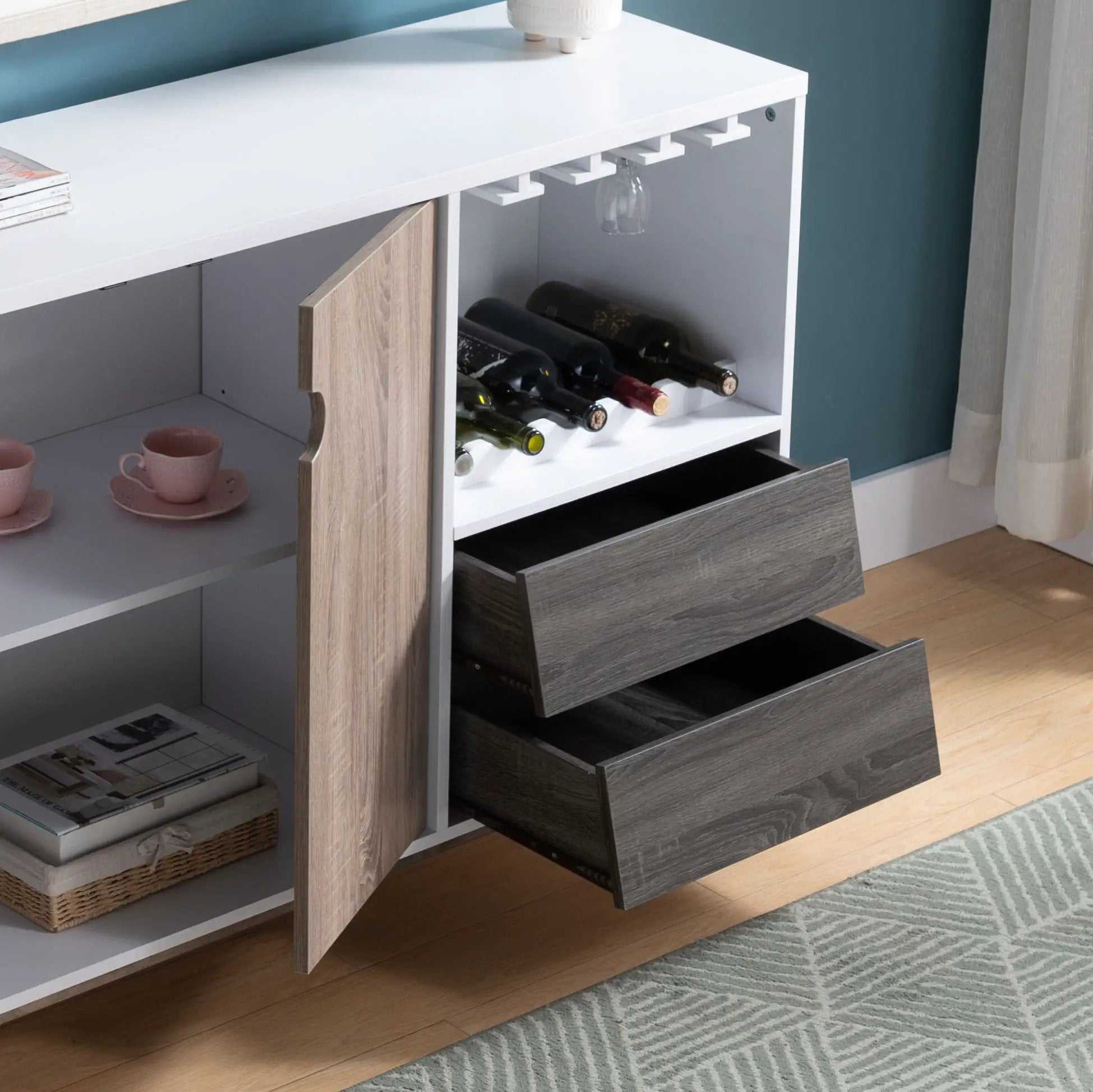 Wooden Display Rack, Cabinet With Drawer, Holds 6 Wine Glass - White / Dark Taupe by HouseOfZazla