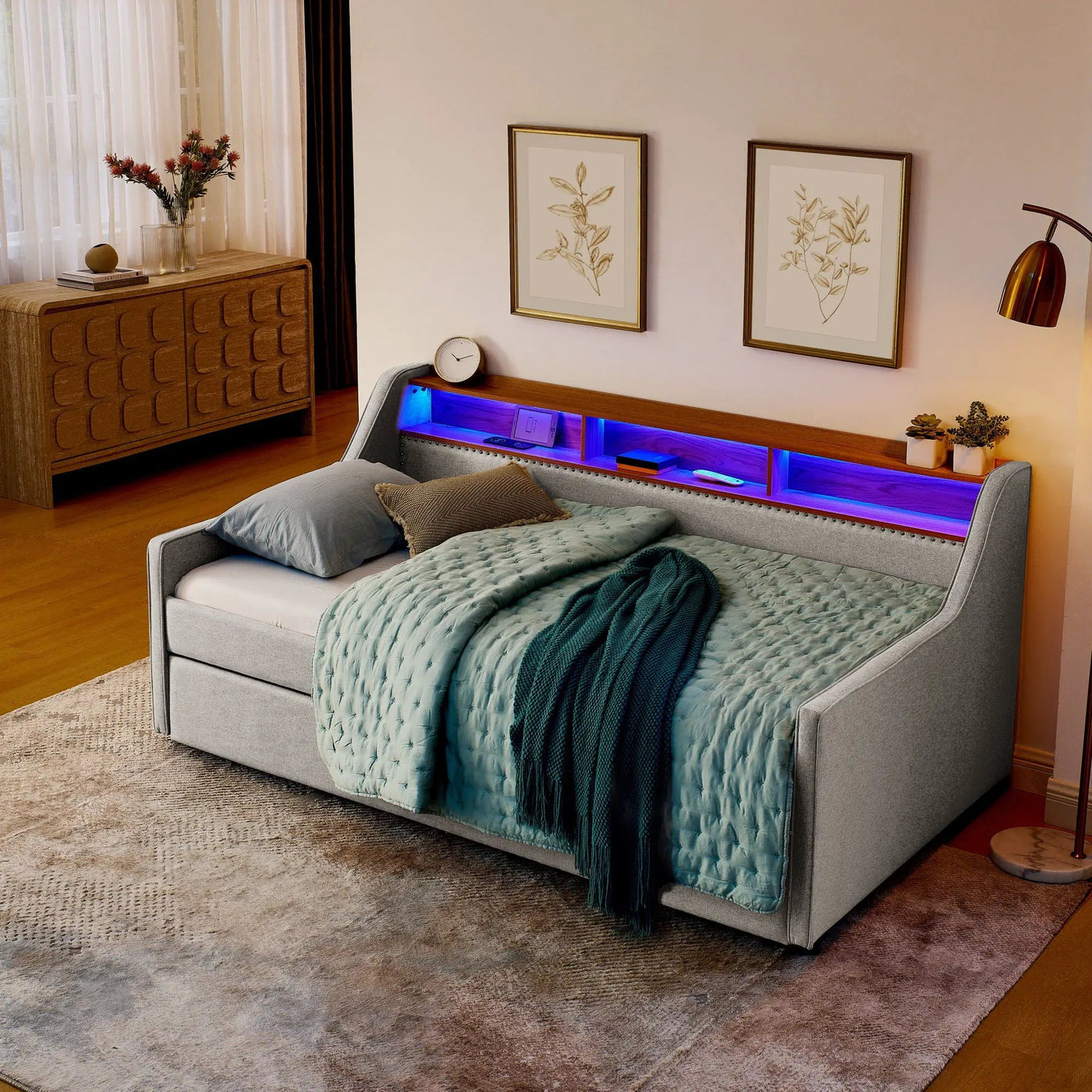Upholstered Sofa Bed With LED Lights, Storage Headboard, Foldable Trundle & Wireless Charging by Unique Piece Furniture