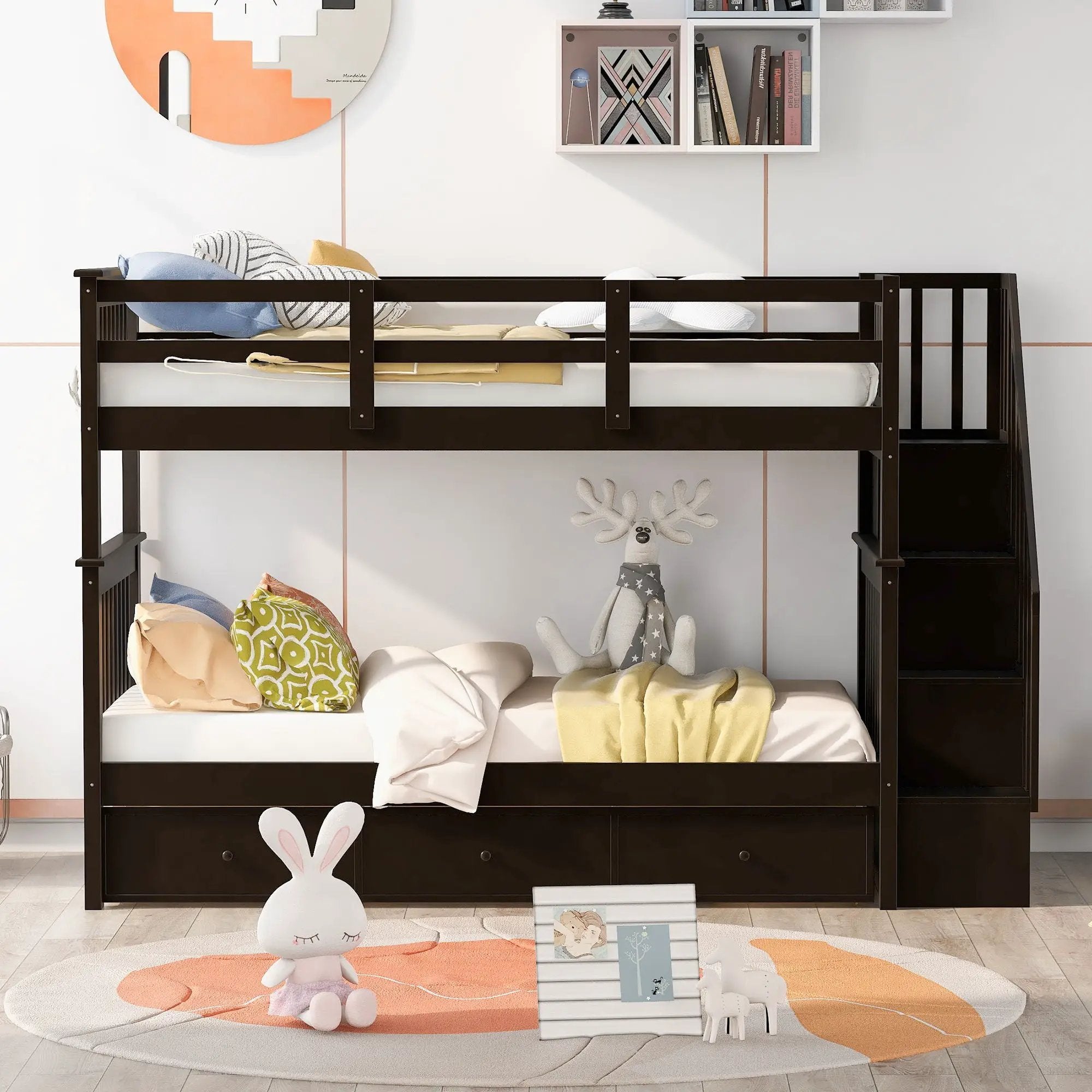 Stairway Bunk Bed With Storage And Guard Rail For Bedroom by HouseOfZazla