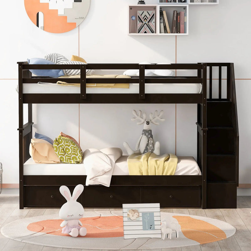 Stairway Bunk Bed With Storage And Guard Rail For Bedroom by HouseOfZazla