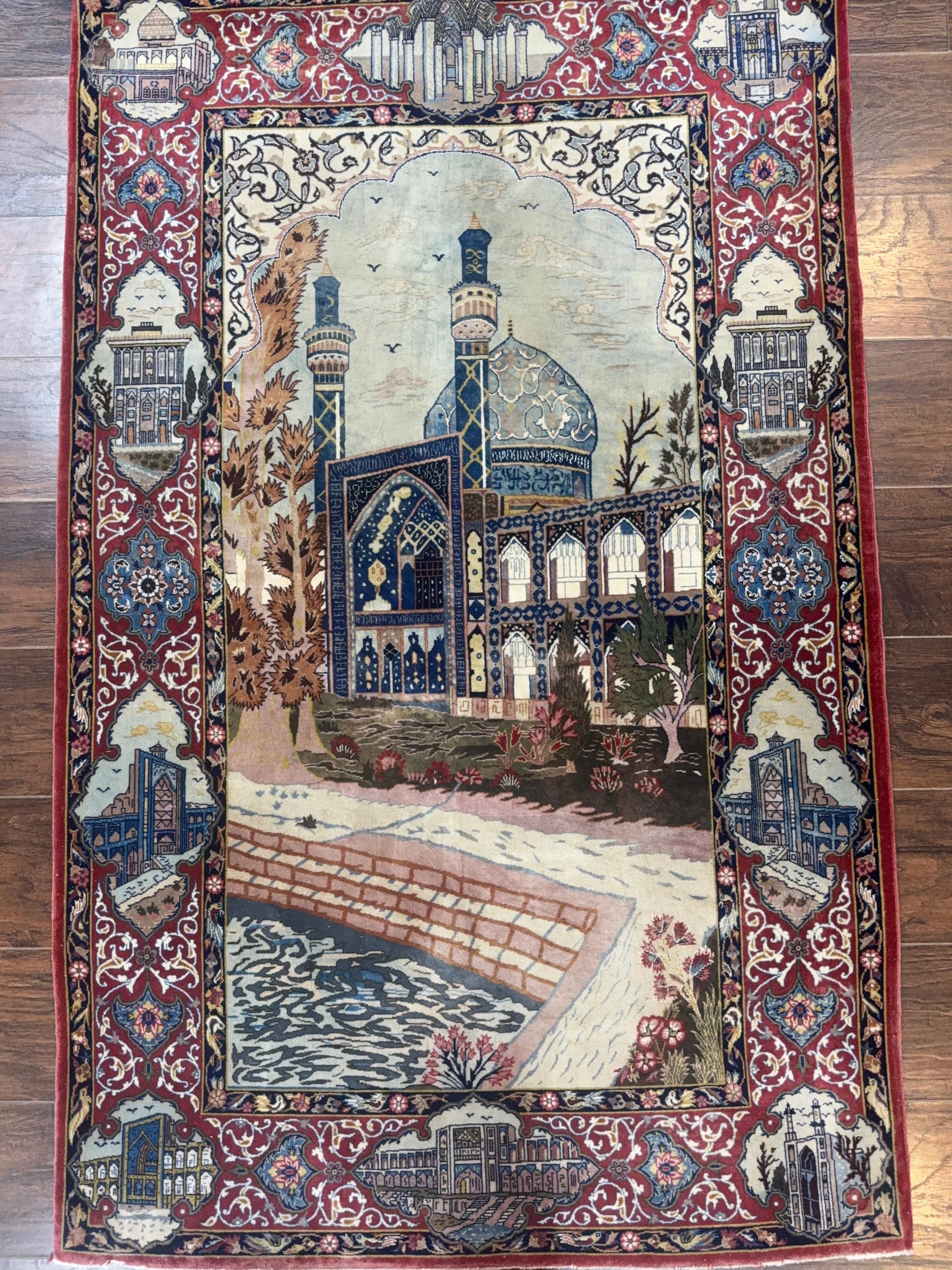 Persian Isfahan Pictorial Rug 3.6 x 5.7, Very Fine 400 KPSI, Historical Buildings, Signed By Masterweaver, Handmade by Jewel Rugs