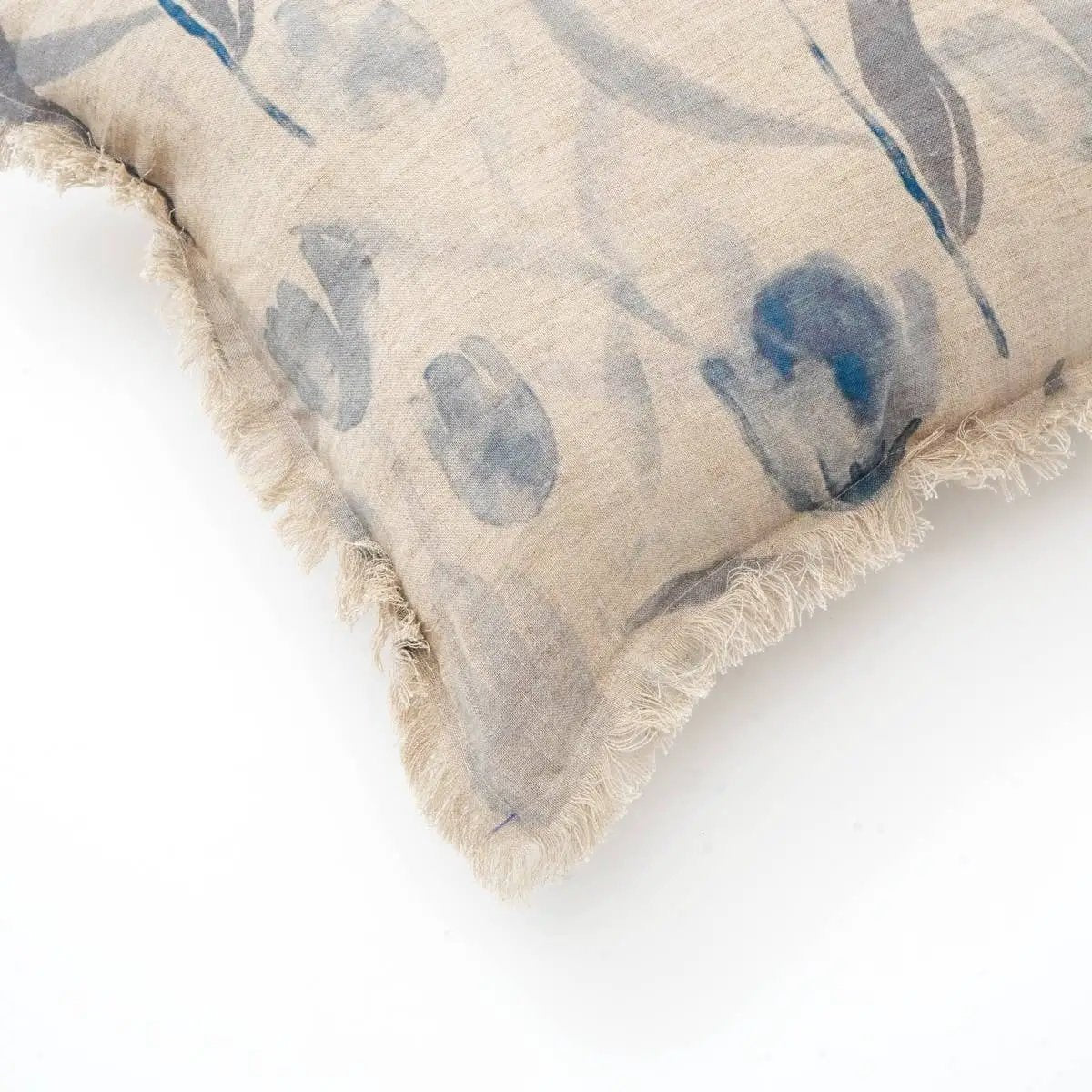 Linen Printed Lumbar Throw Pillow with Fringes (Blue & Grey) 16x24 by HouseOfZazla