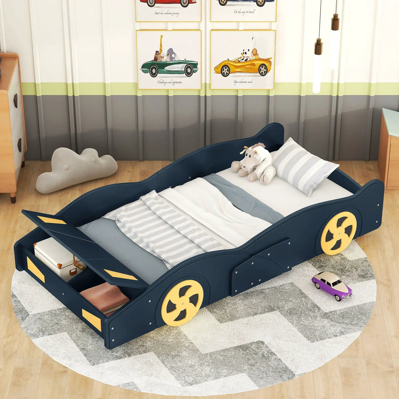 Race Car Shaped Platform Bed With Wheels And Storage by HouseOfZazla