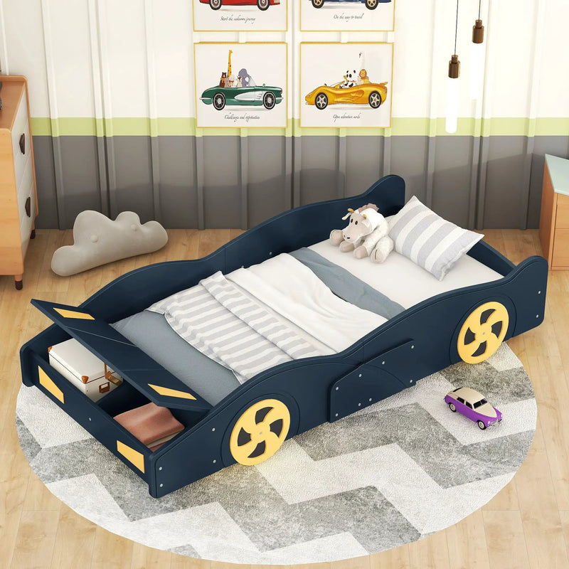 Race Car Shaped Platform Bed With Wheels And Storage by HouseOfZazla