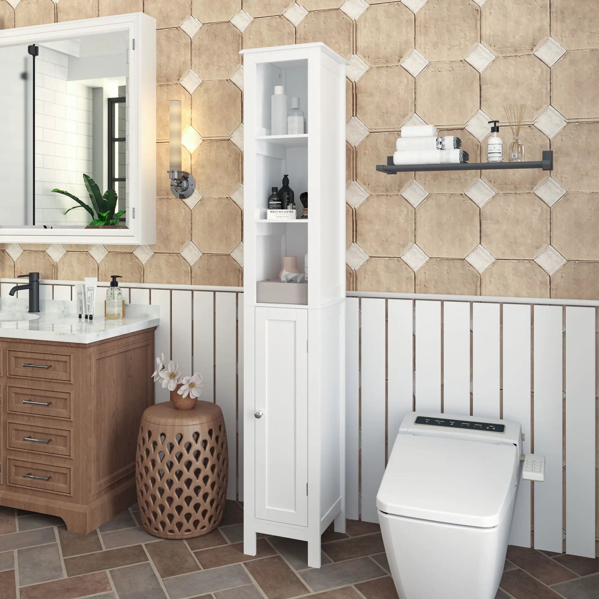 Slim Tall Bathroom Storage Cabinet With Adjustable Shelves, Anti Tip Freestanding Cabinet - White by Unique Piece Furniture