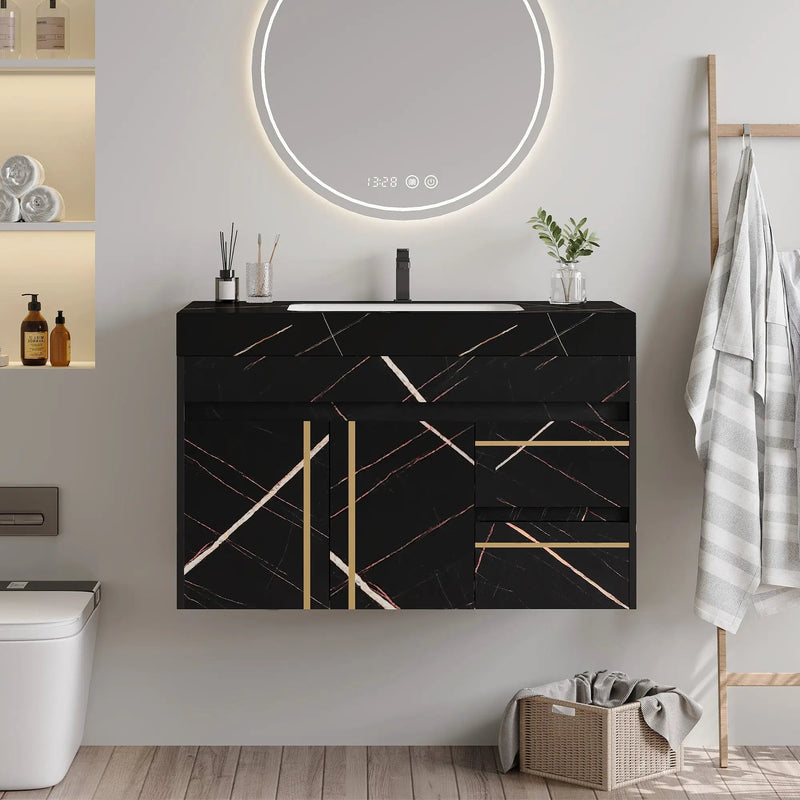 35.2 in Floating Bathroom Vanity with Sink and Faux Marble Top by HouseOfZazla