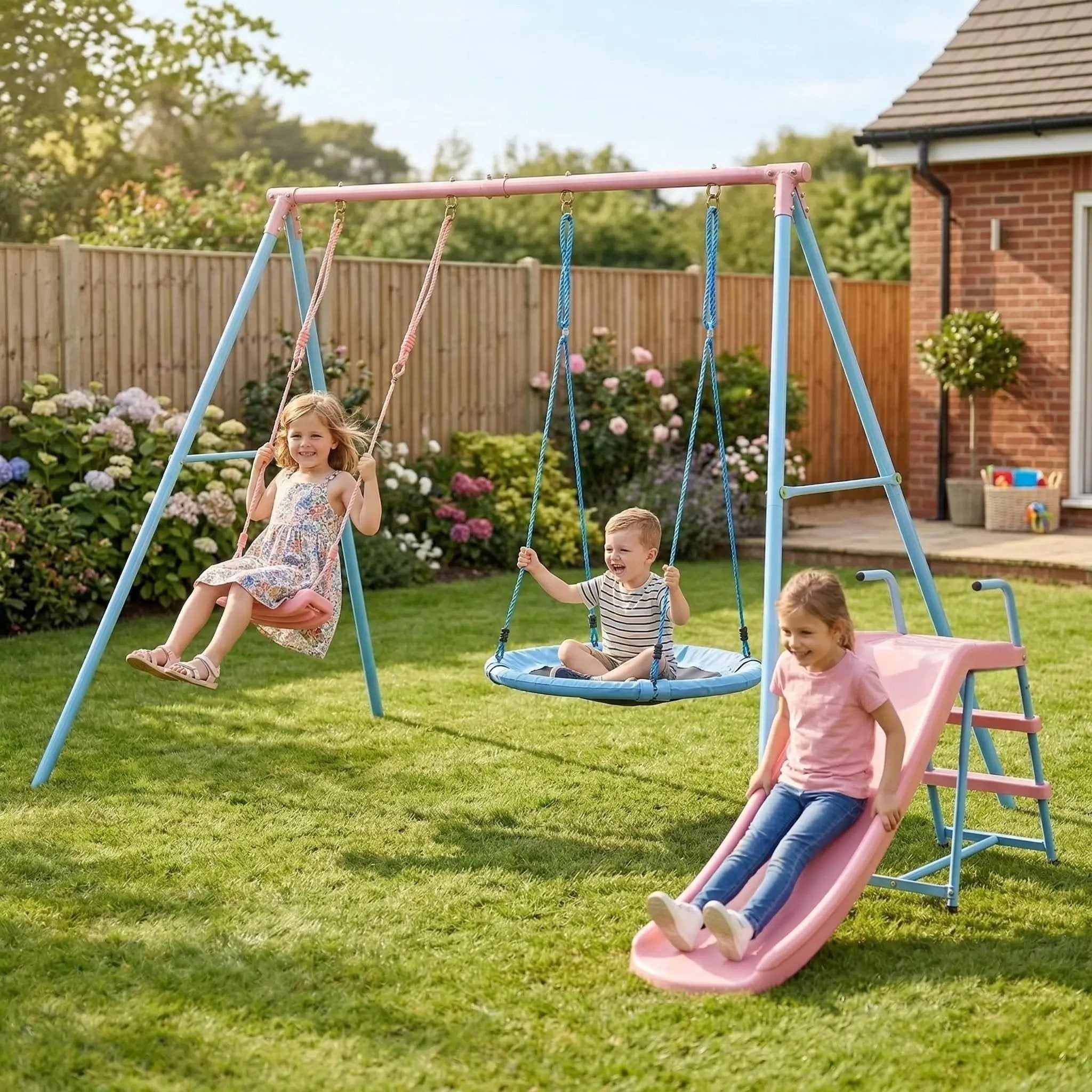 Xns107 - 2 Swing Set With Slide For Outdoor - Blue / Pink by HouseOfZazla