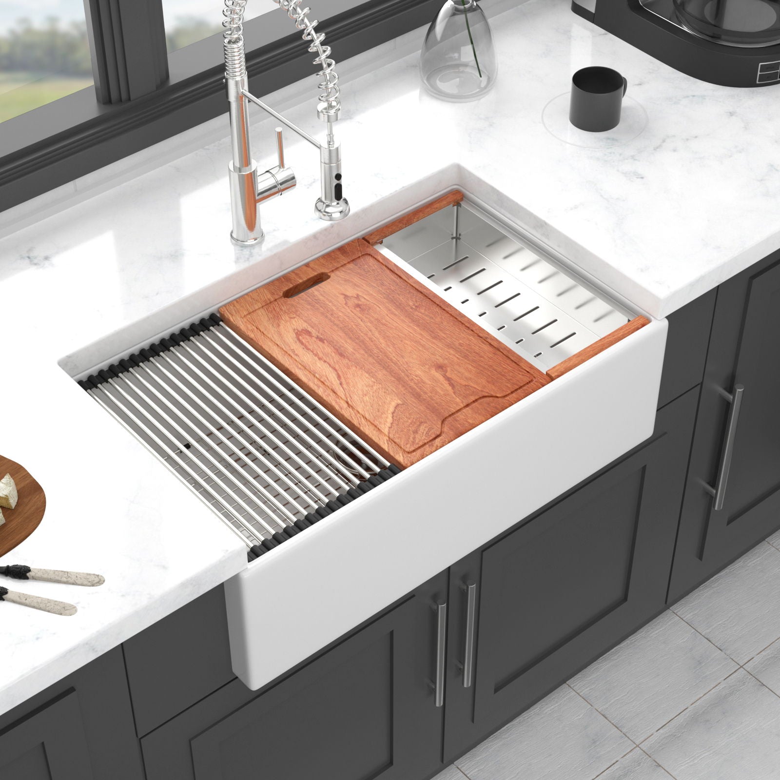 Farmhouse Sink Workstation, Ceramic Single Bowl With Accessories by HouseOfZazla