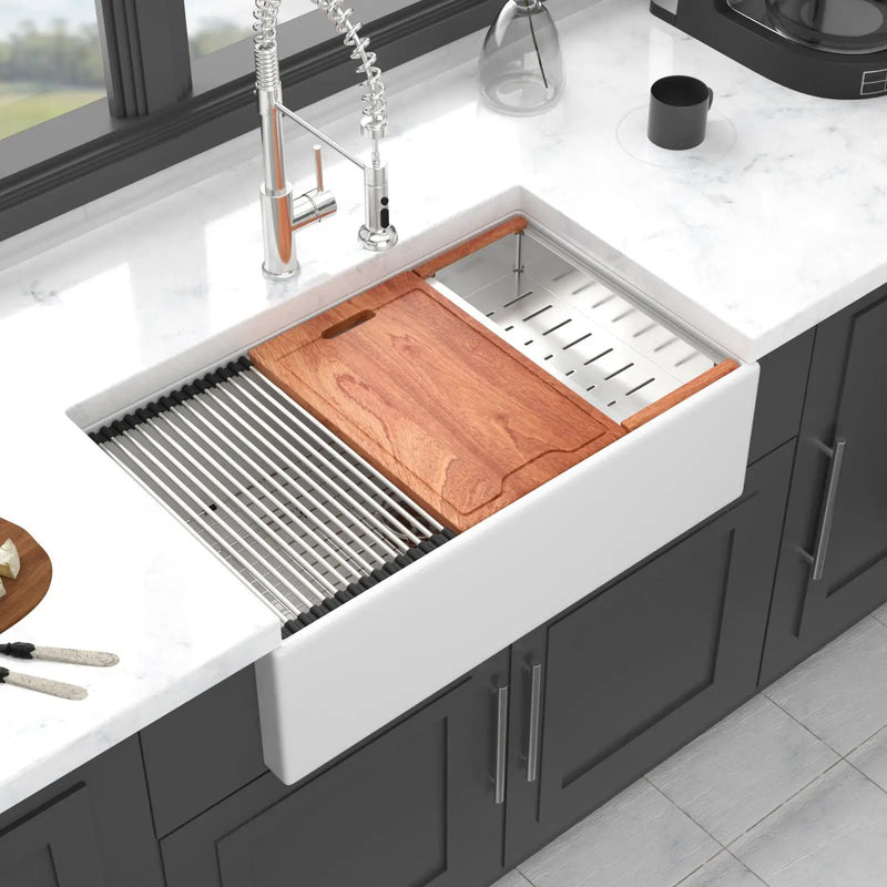 Farmhouse Sink Workstation, Ceramic Single Bowl With Accessories by HouseOfZazla