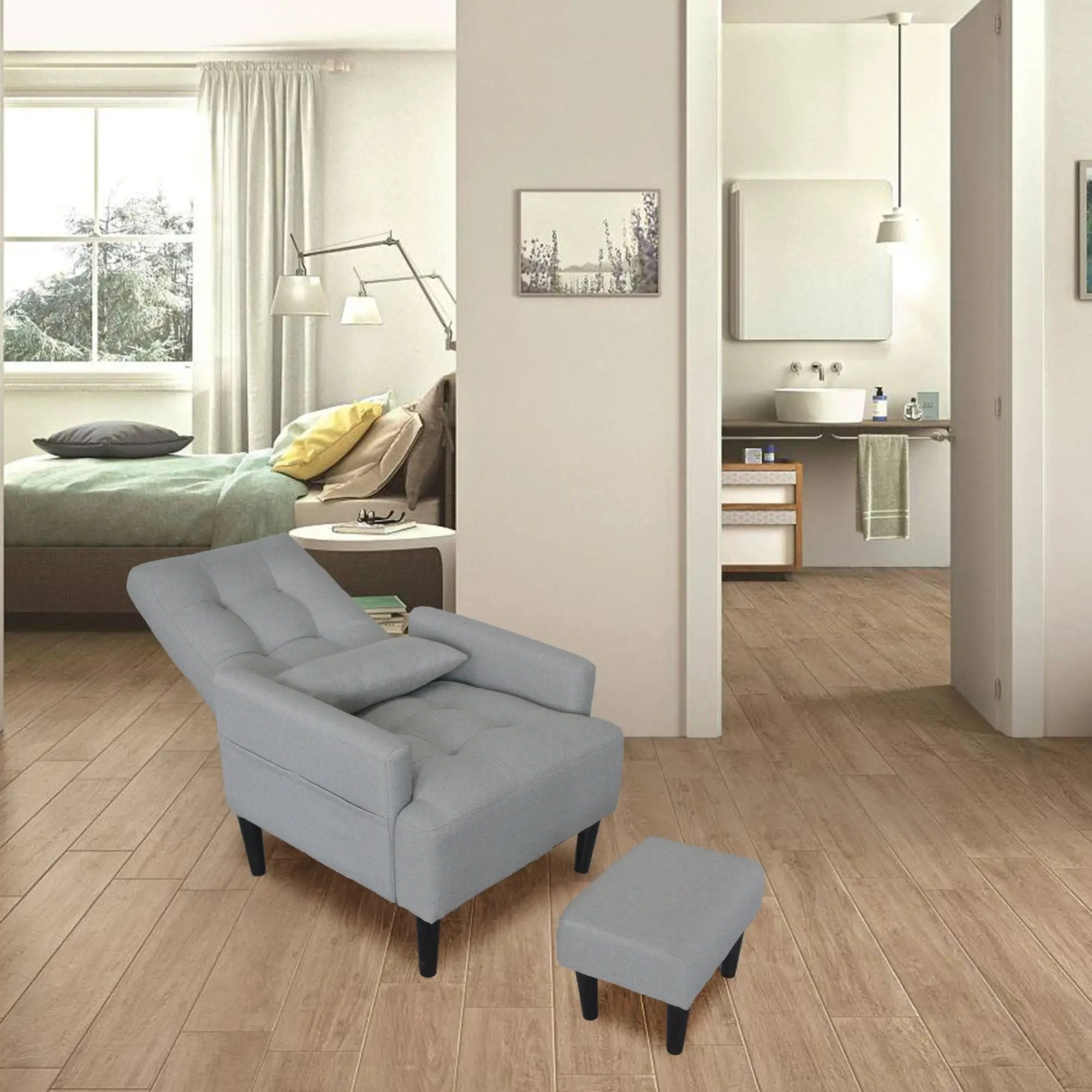 Living Room Sofa Single Chair And Ottoman, Modern Multi-Function Fabric Living Room Sofa Lounge Chair Bed And Stool. Soft Leisure Single Chair Adjustable Into 5 Angles With Sofa Bed by Unique Piece Furniture