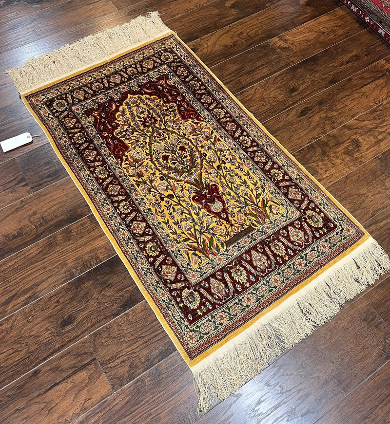 Wonderful Silk Turkish Hereke Prayer Rug 2.8 x 4.5, Tree of Life Design, Signature from Master Weaver, Gold and Burgundy, Handmade, 625 KPSI by Jewel Rugs