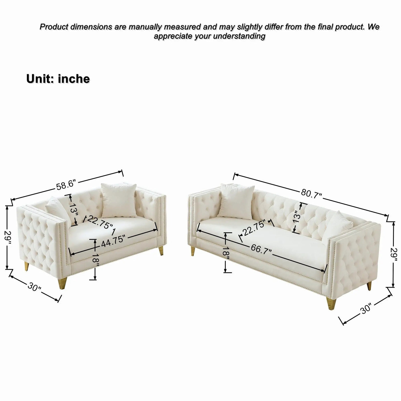Deep Seat Sofa With Button Nailhead, Square Arm Couches by HouseOfZazla