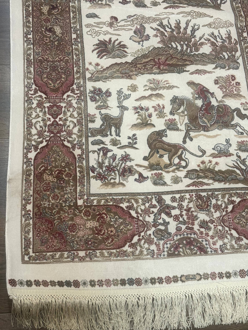 Long Turkish Silk Runner Rug 2.6 x 16.5, Hunting Design, Ivory, Bamboo Silk, New by Jewel Rugs