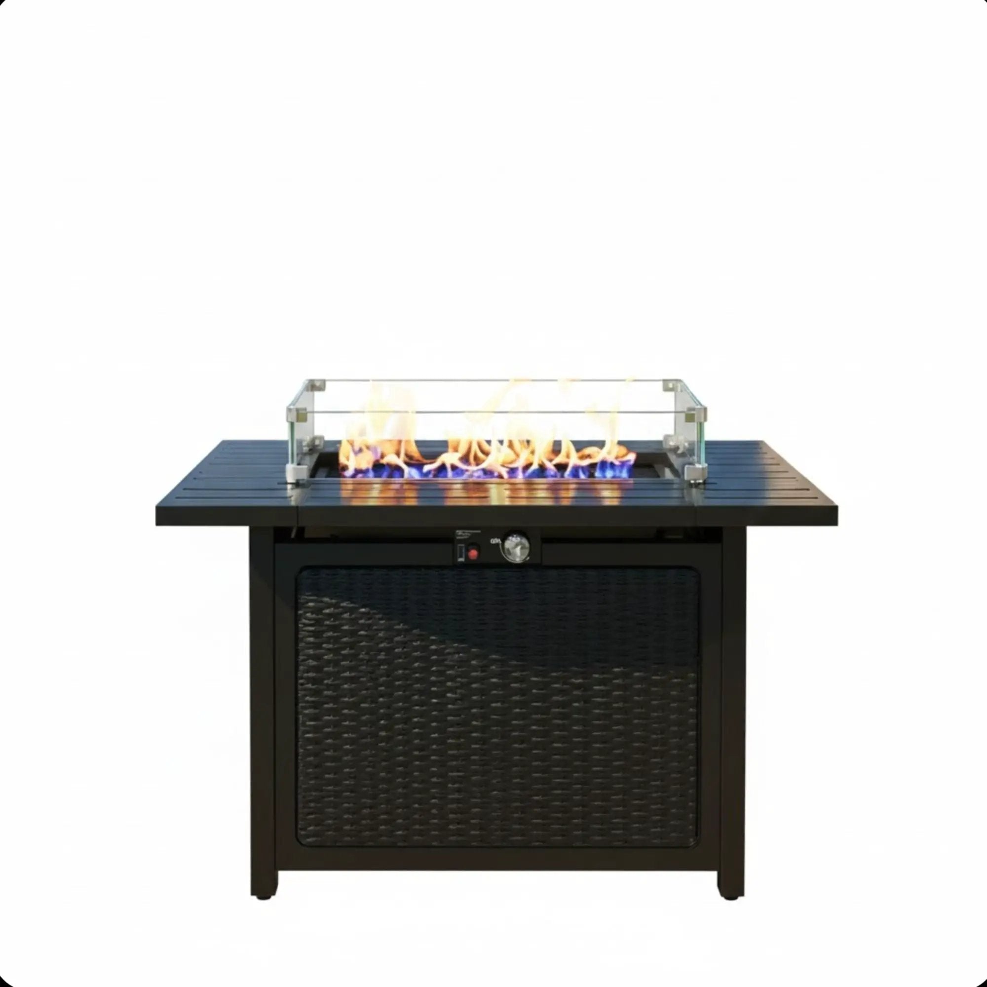 Outdoor 2 In 1 Propane Fire Pit Table With Lid & Glass Shield, Rectangular Fire Table, Lava Rock & Cover - Black by HouseOfZazla