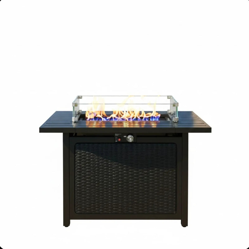 Outdoor 2 In 1 Propane Fire Pit Table With Lid & Glass Shield, Rectangular Fire Table, Lava Rock & Cover - Black by HouseOfZazla