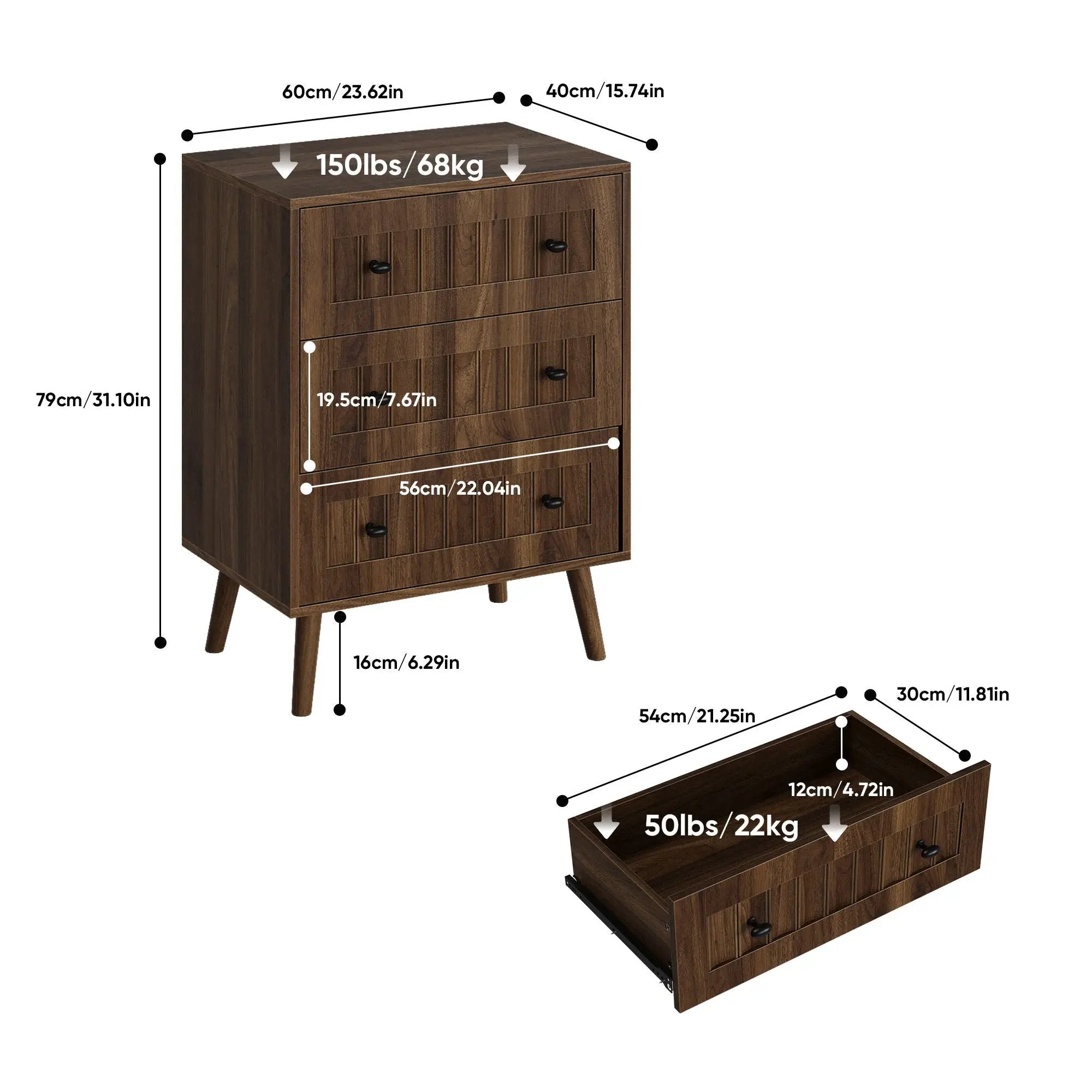 3 Drawer Dresser, Storage Cabinet With Vertical Grooves For Bedroom - Walnut by Unique Piece Furniture