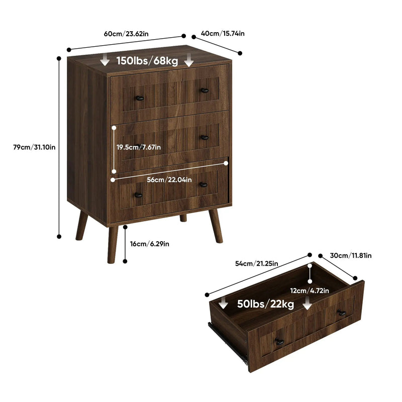 3 Drawer Dresser, Storage Cabinet With Vertical Grooves For Bedroom - Walnut by HouseOfZazla