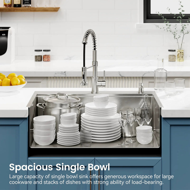 Stainless Steel Kitchen Sink, 33”x22” Single Bowl, Overmount, Brushed Finish by HouseOfZazla
