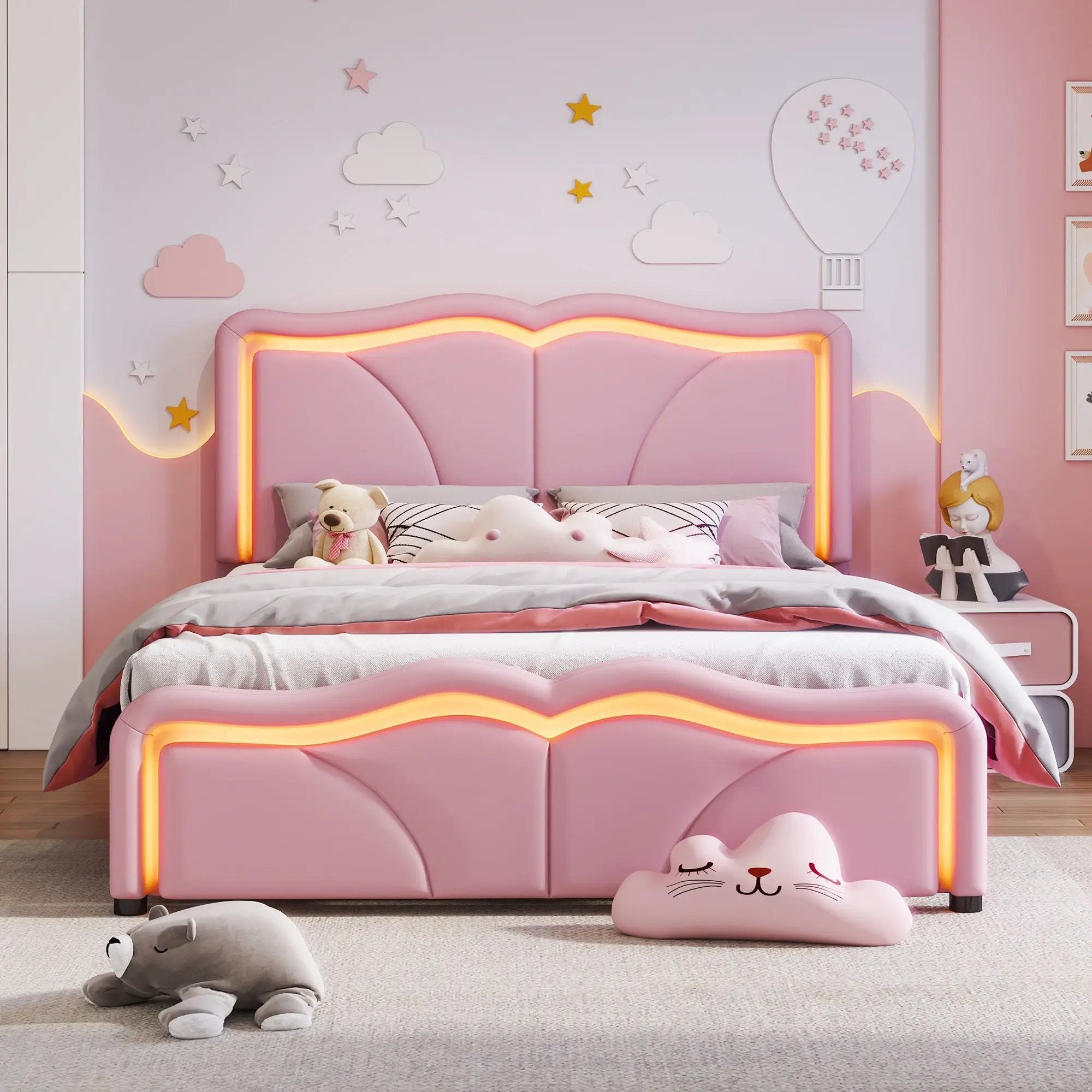 Upholstered Platform Bed & Curve Shaped And Height Adjustable Headboard, LED Light Strips by HouseOfZazla