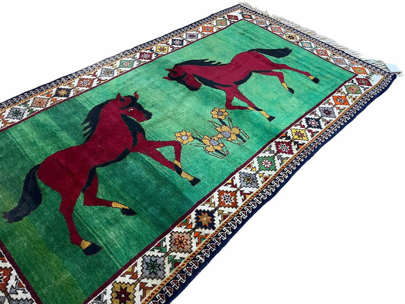 4 X 7 Handmade Rug Zagros Quality Wool Pictorial Horses Green Butterfly Colorful by Jewel Rugs