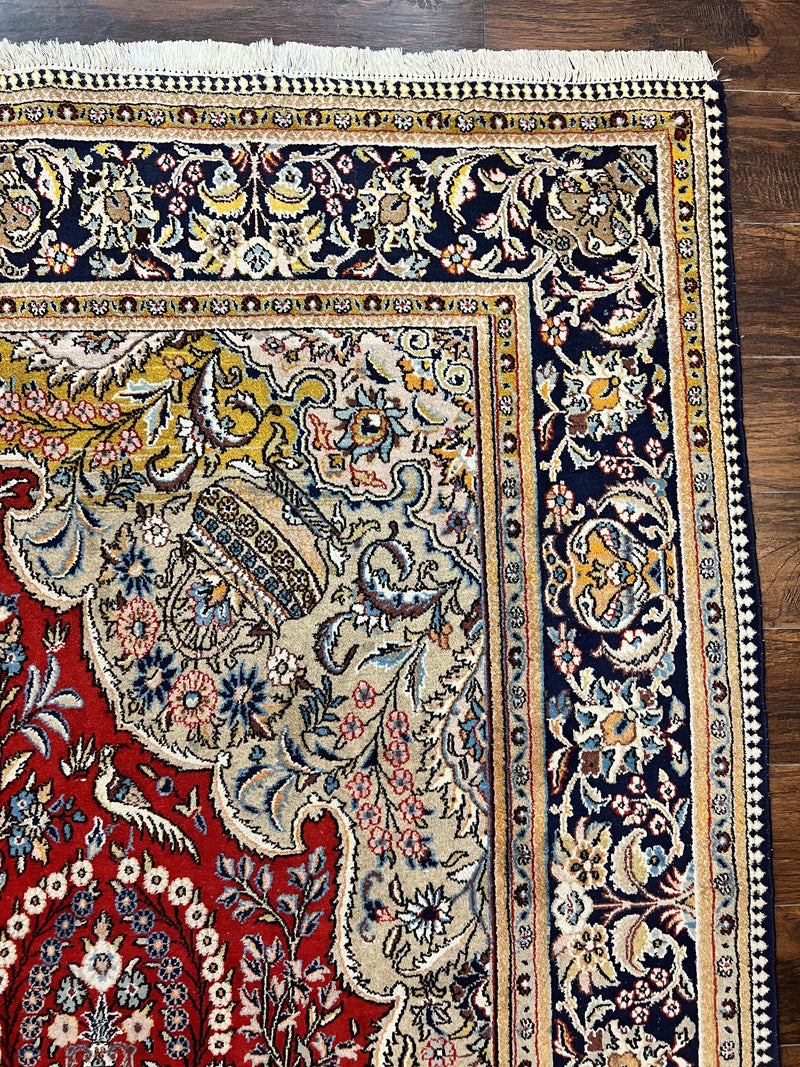 Wonderful Persian Qum Rug 10x14, Wool w/ Silk Highlights, Hand Knotted Semi Antique Vintage Carpet, Red, Floral, Fine Weave, Birds Deer Pictorials by Jewel Rugs