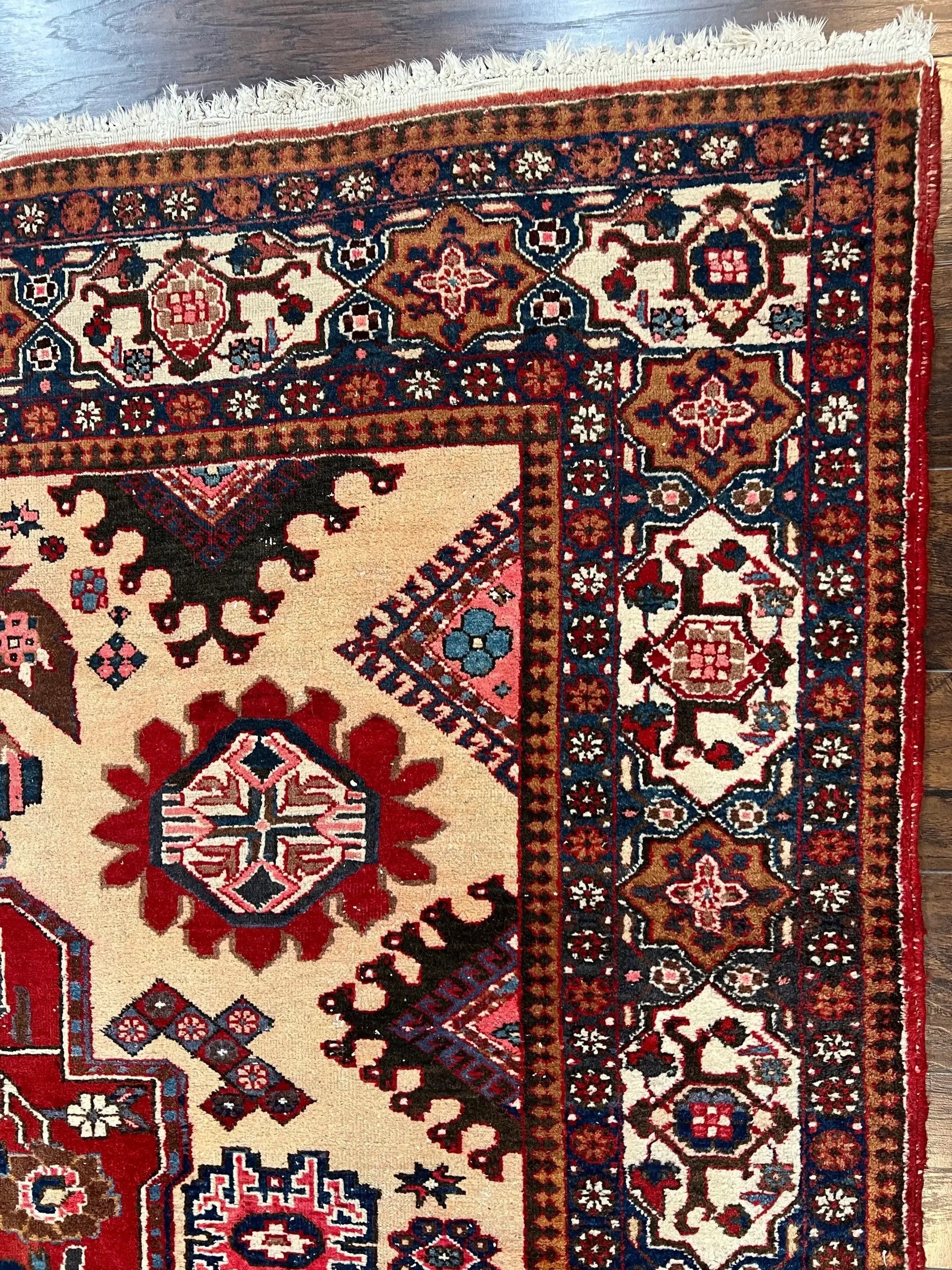 Antique Persian Heriz Rug 8x12 ft, Geometric Tribal Room Sized Carpet, Camel Hair Red Navy Blue, Wool Hand Knotted Medallion Oriental Carpet by Jewel Rugs