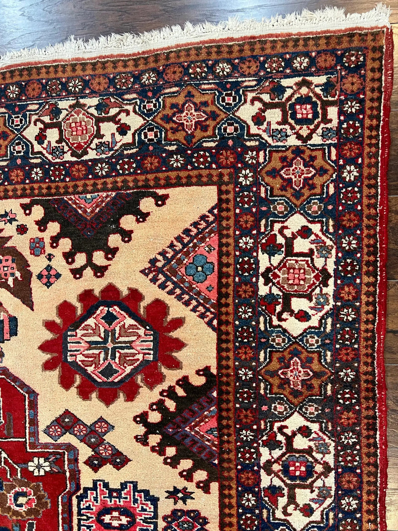 Antique Persian Heriz Rug 8x12 ft, Geometric Tribal Room Sized Carpet, Camel Hair Red Navy Blue, Wool Hand Knotted Medallion Oriental Carpet by Jewel Rugs