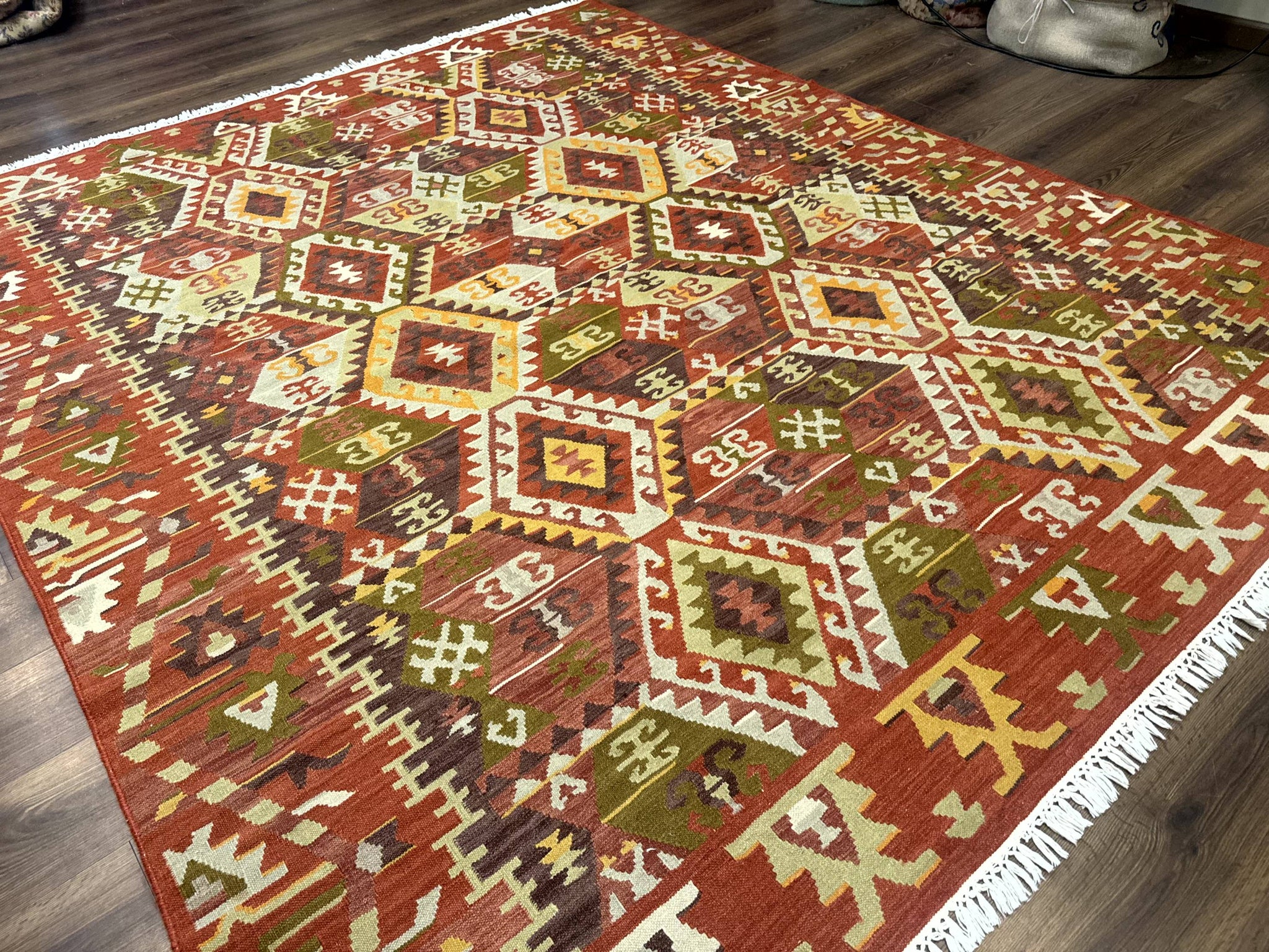 Turkish Kilim Rug 8x10, Geometric Design, Large Kilim Carpet by Jewel Rugs