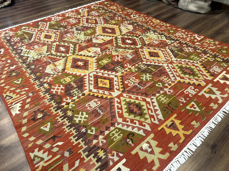 Turkish Kilim Rug 8x10, Geometric Design, Large Kilim Carpet by Jewel Rugs