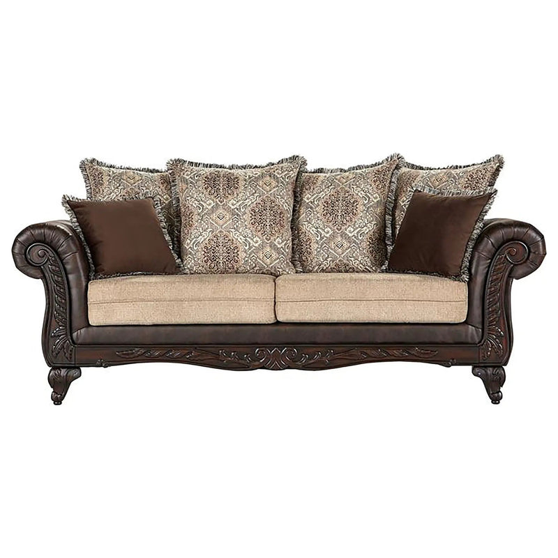 Brookridge - Rolled Arm Sofa With Ornate Details And Mixed Upholstery - Brown by HouseOfZazla
