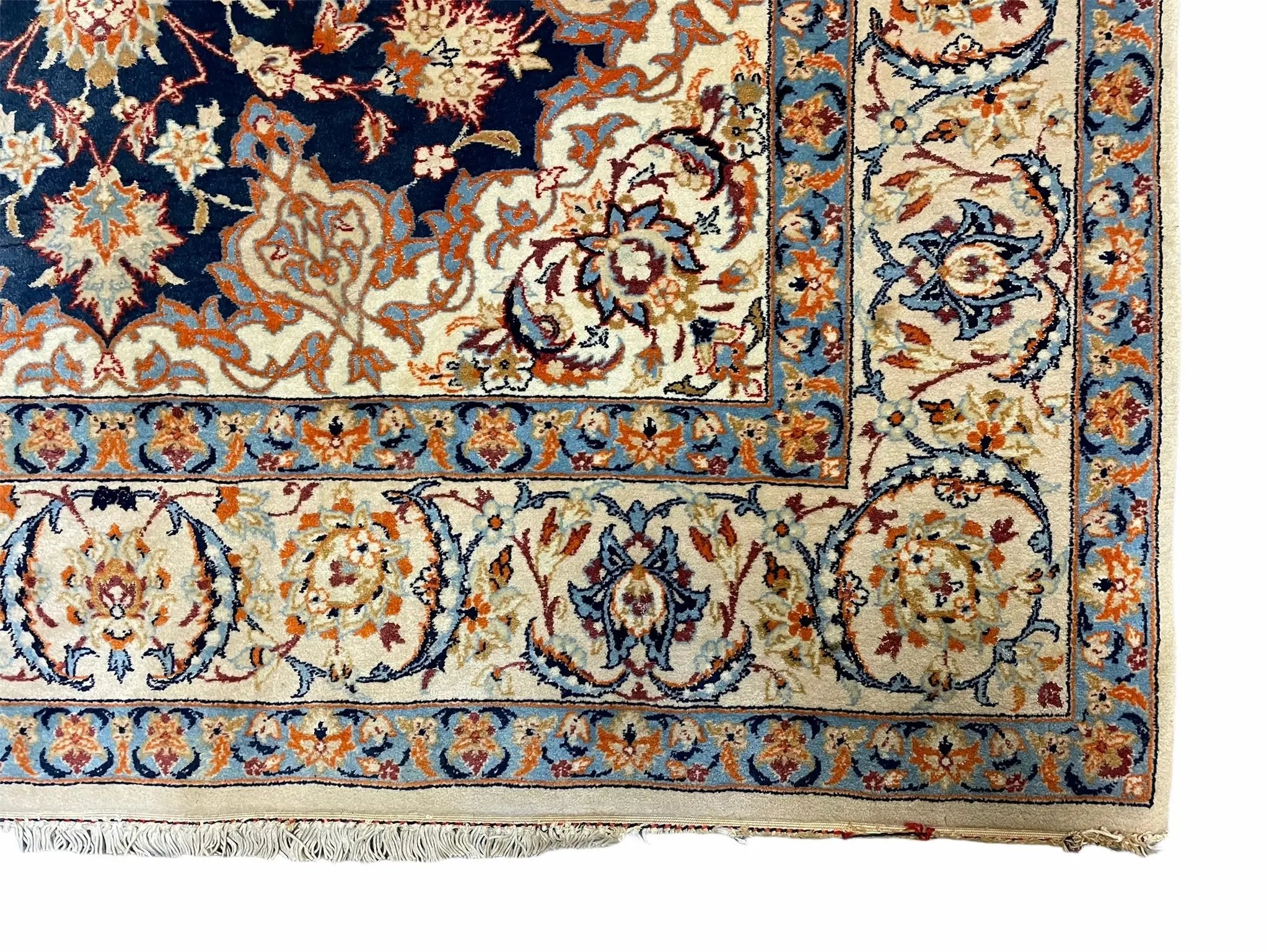 Persian Isfahan Rug 4x5, Navy Blue & Ivory, Wool and Silk Highlights by Jewel Rugs