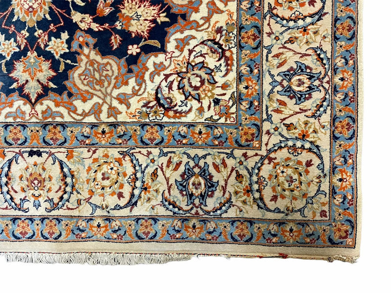 Persian Isfahan Rug 4x5, Navy Blue & Ivory, Wool and Silk Highlights by Jewel Rugs