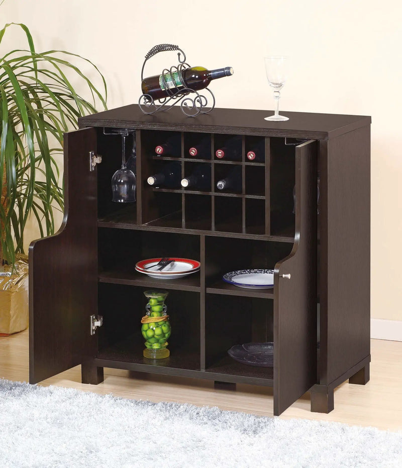 Wine Cabinet With Two Doors Removeable Wine Bottle Rack Metal Wine Glass Racks Four Shelves - Red Cocoa by Unique Piece Furniture
