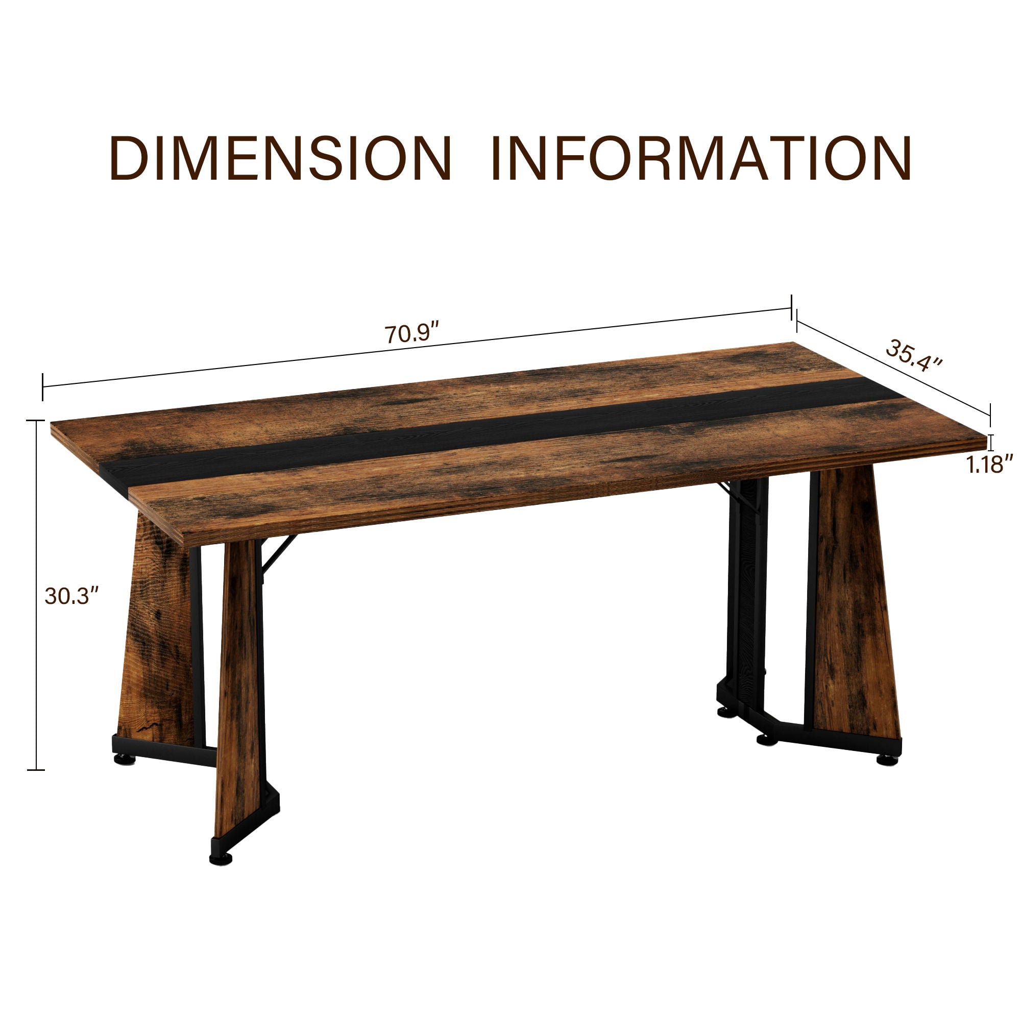 Rustic Rectangular Large Dining Table, Waterproof Desk For 8 People, & Steel With Adjustable Legs - Black / Rustic Brown by Unique Piece Furniture