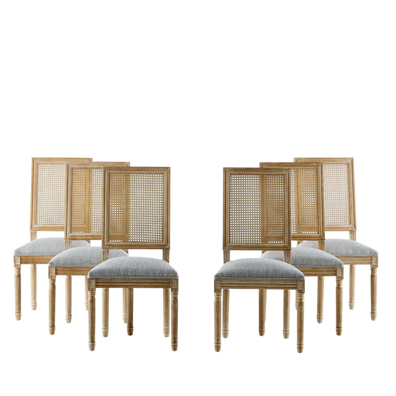 French Country Dining Chair With Rectangular Cane Backrest And Smooth Upholstered Seating by HouseOfZazla
