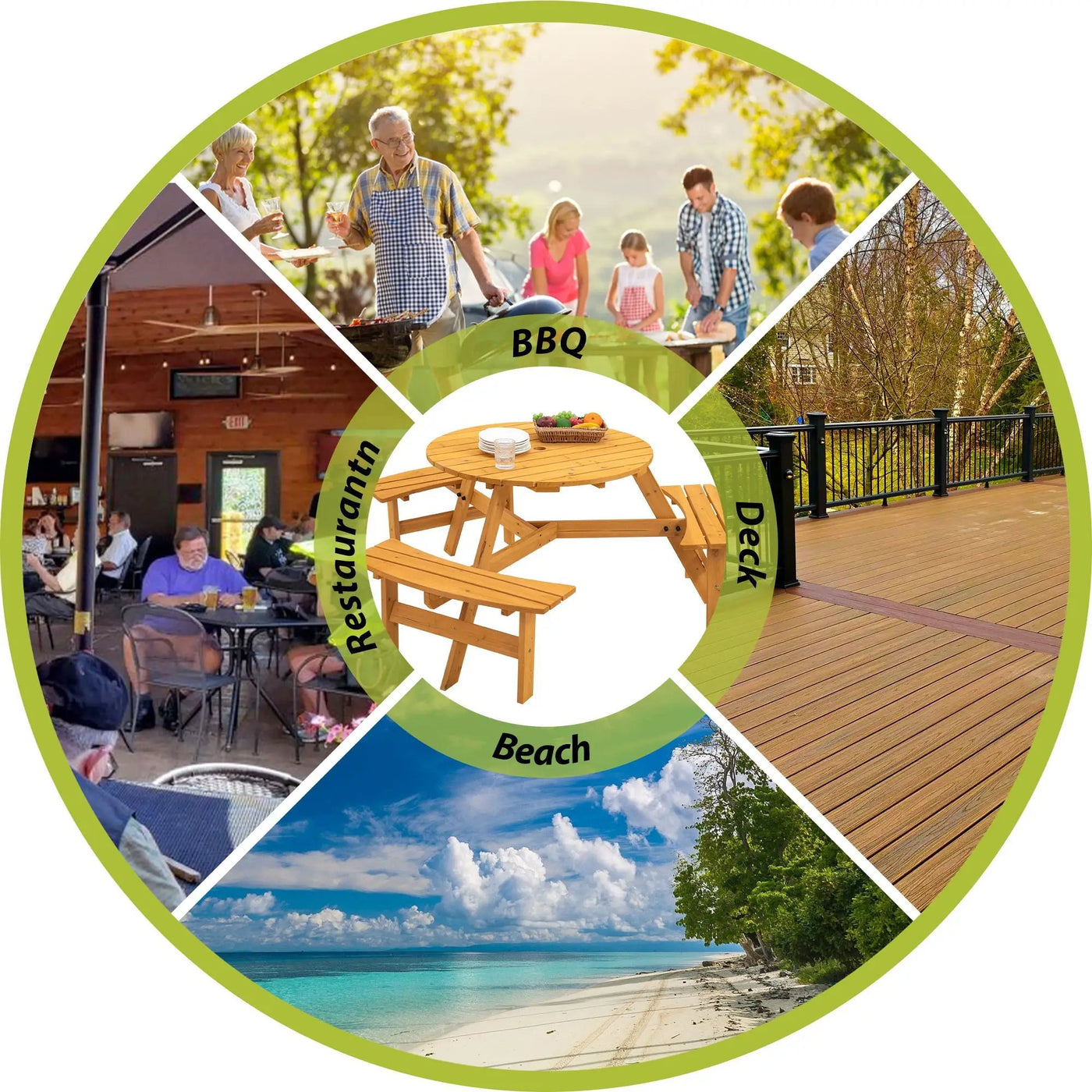 6 Person Circular Outdoor Wooden Picnic Table For Patio, Backyard, Garden, Diy With 3 Built-In Benches, 1720Lb Capacity by HouseOfZazla