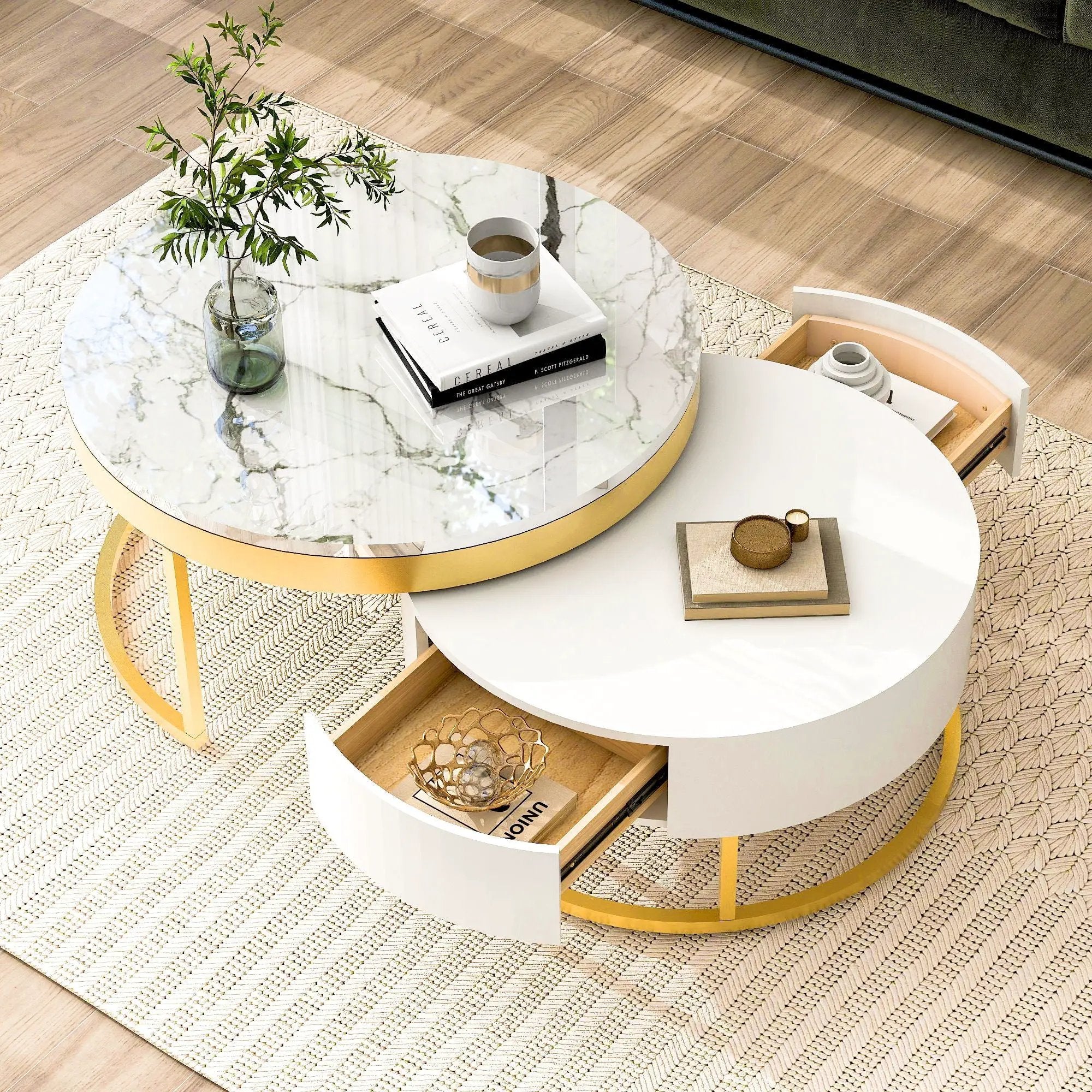 Round Nesting Coffee Table With Drawers - Golden / White by Unique Piece Furniture