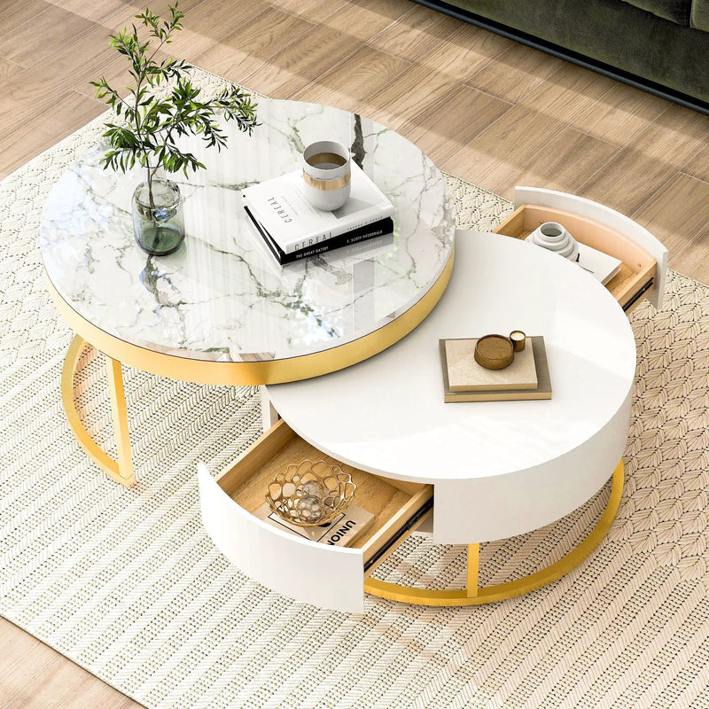 Round Nesting Coffee Table With Drawers - Golden / White by Unique Piece Furniture