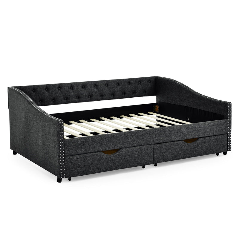 Upholstered Tufted Daybed With 2 Drawers, Waved Arms