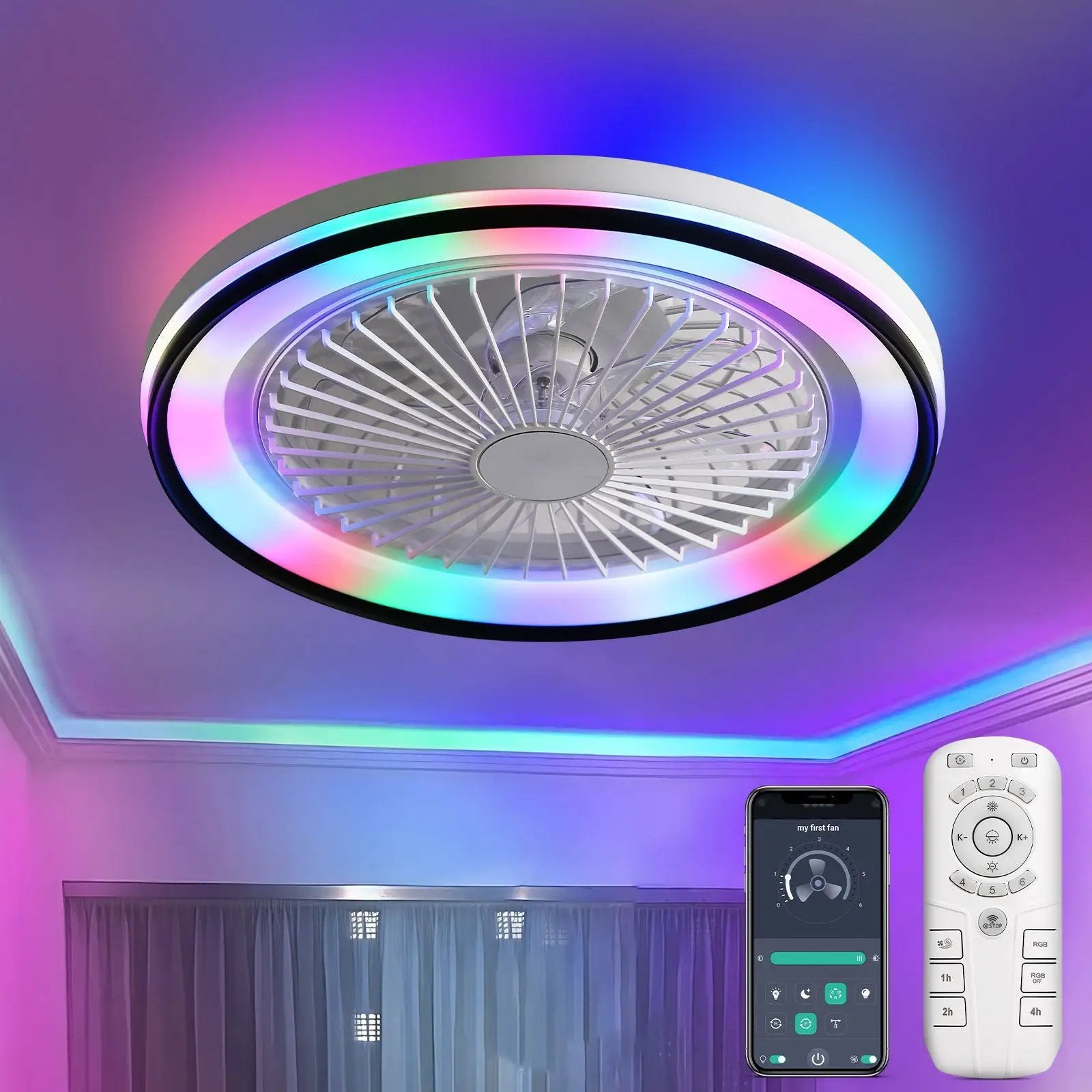RGB Dimmable LED Bladeless Ceiling Fan With Remote Control, Flush Mount - White by Unique Piece Furniture