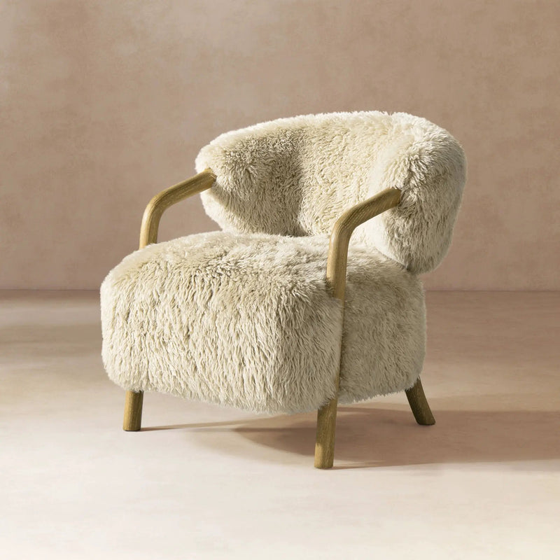 Becker - Rustic Oak Sheepskin Upholstered Accent Arm Chair - Taupe Beige by HouseOfZazla