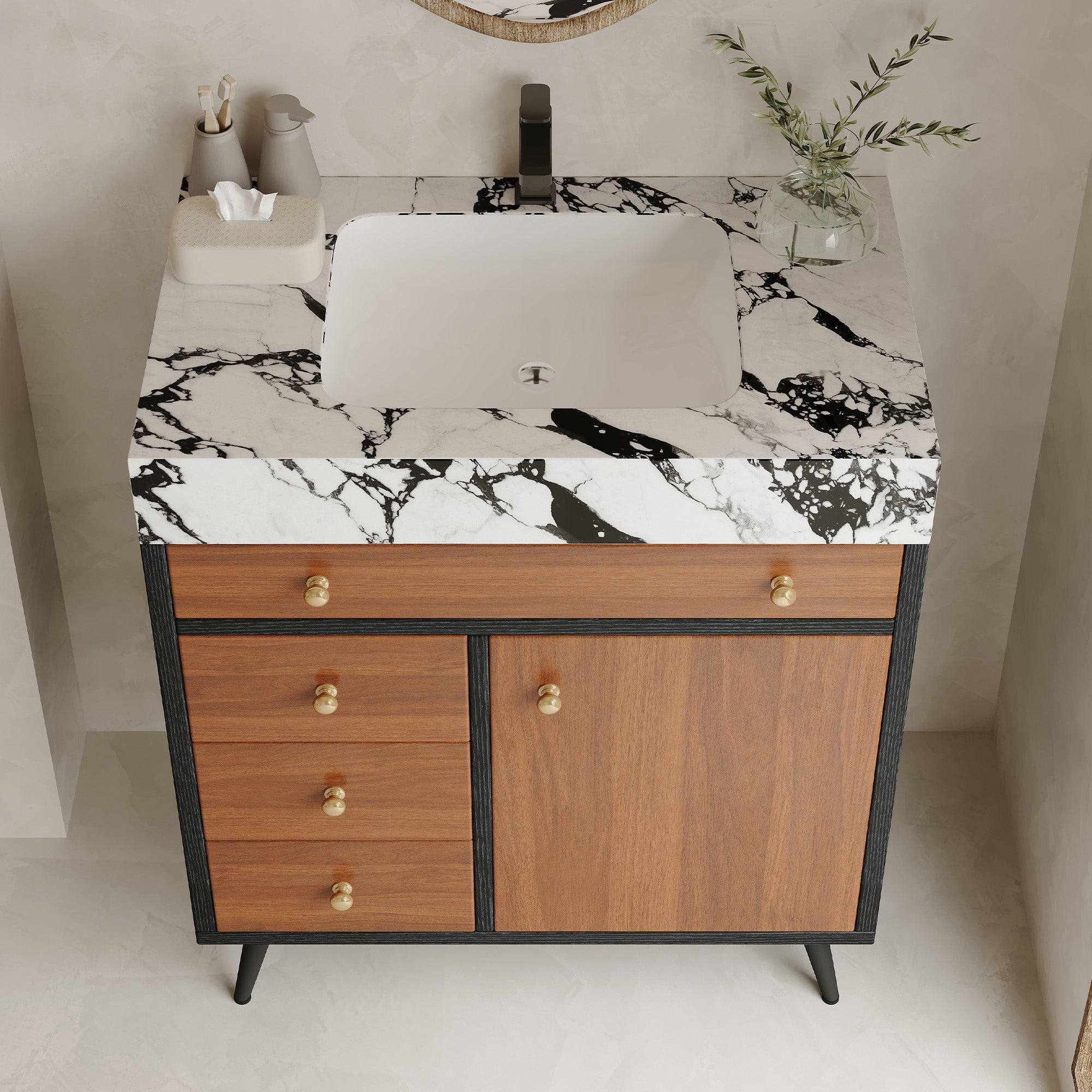 Modern Free-Standing Bathroom Vanity with Ceramic Sink & Sintered Stone Top by HouseOfZazla