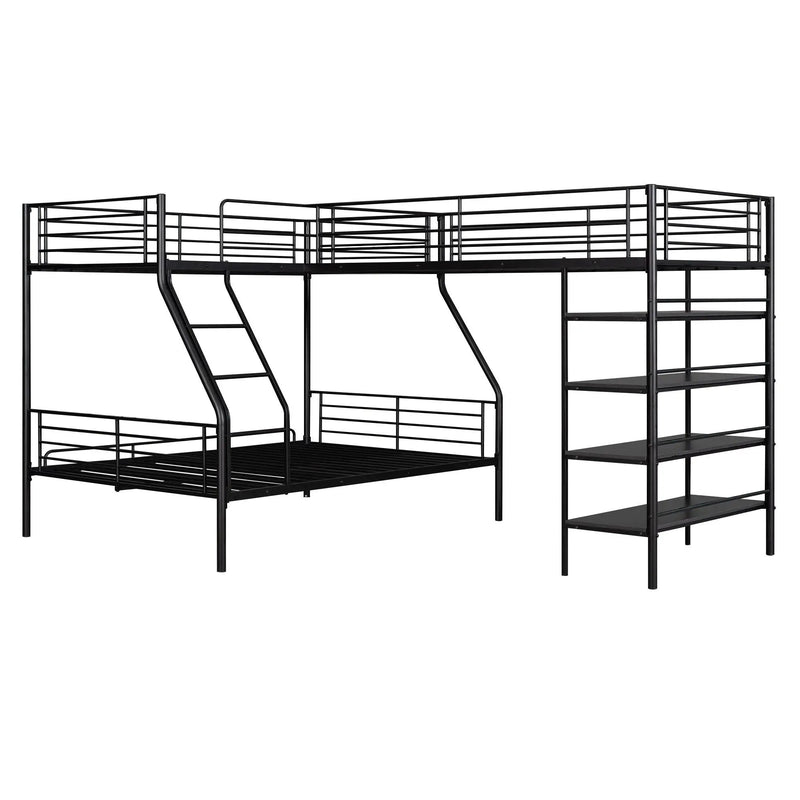 L-Shaped Twin Over Full Bunk Bed And Twin Loft Bed With 4 Built In Shelves - Black by Unique Piece Furniture