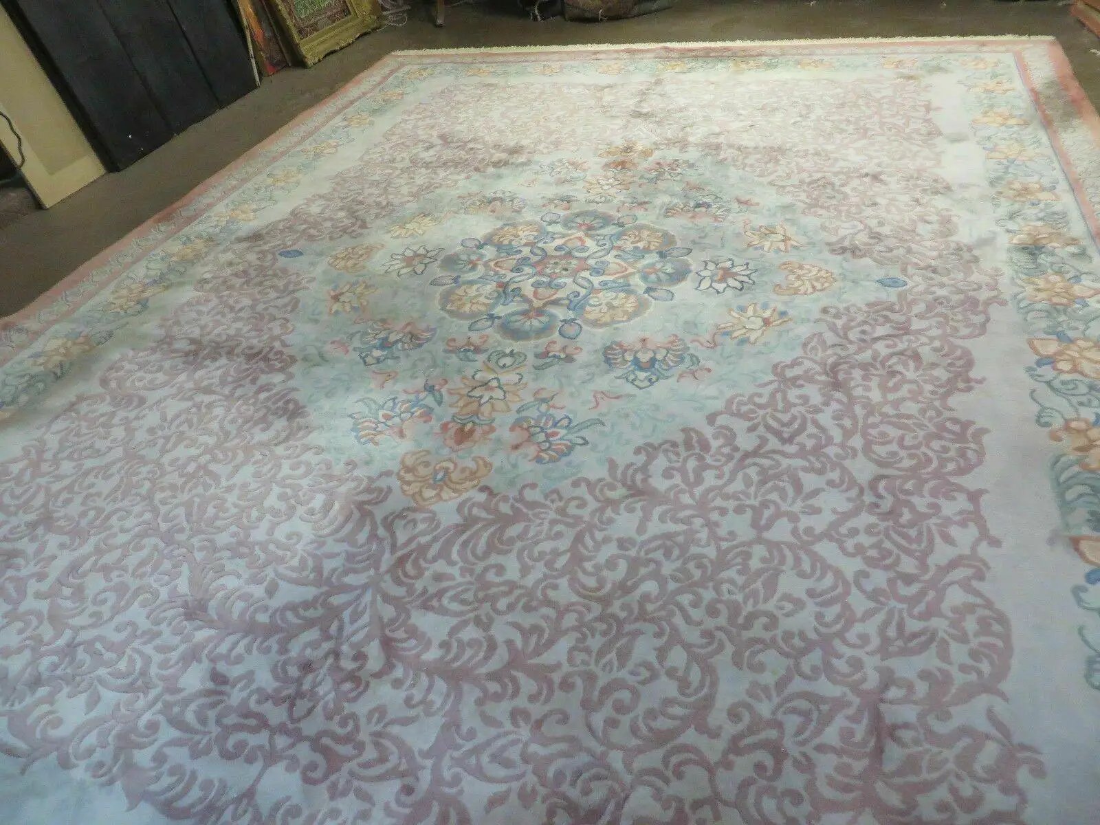 9' X 12' Vintage Handmade Chinese Carving Sculpture Wool Rug Flower Design Pink Carpet by Jewel Rugs