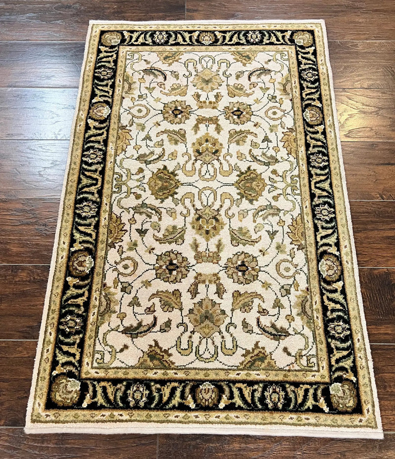 Small Indo Mahal Rug 2.5 x 4, Wool Indian Oriental Carpet, Hand Knotted Handmade Vintage Traditional Rug, Beige Tan Black by Jewel Rugs
