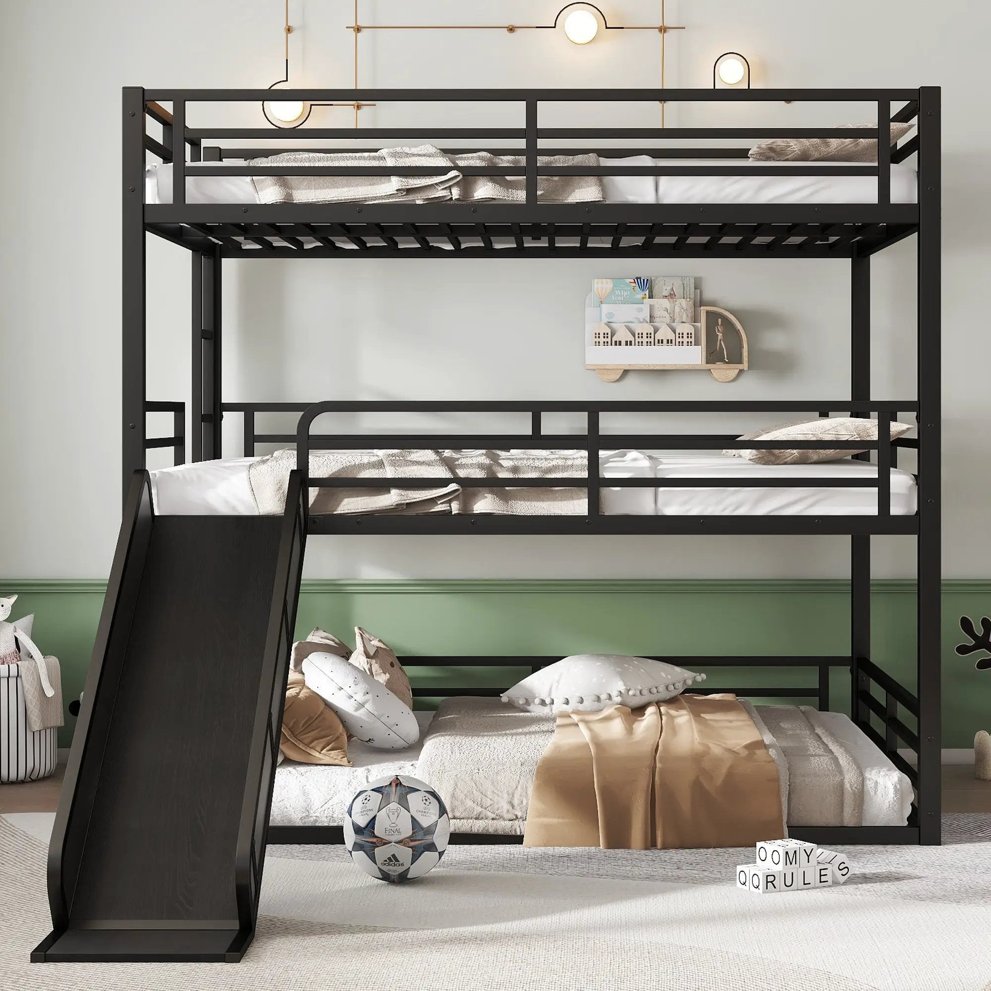 Queen Over Queen Over Queen Bunk Bed with Slide by HouseOfZazla