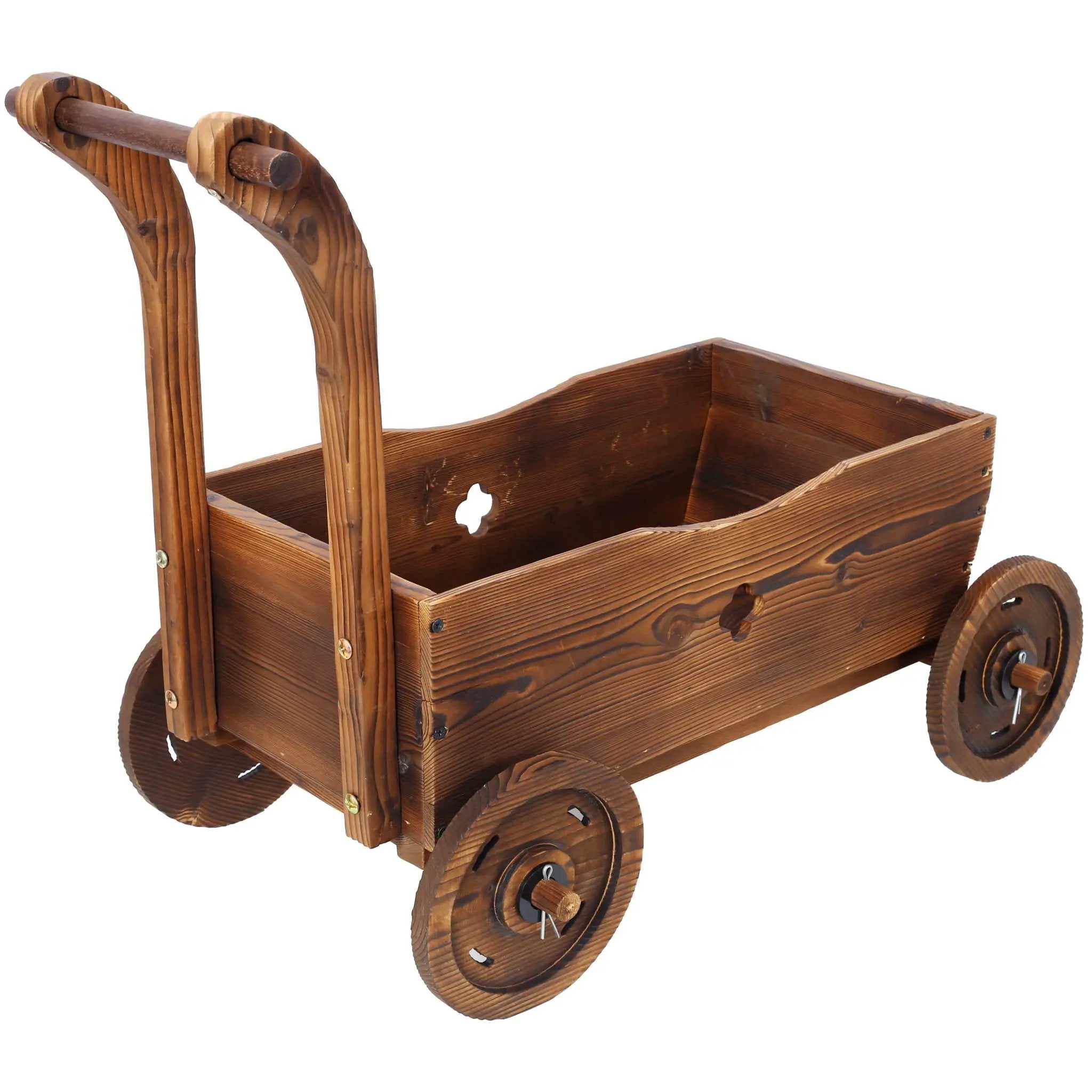 Wooden Wagon Planter Box Mobile Garden Planter With Wheels Handle Drain Hole Wood - Brown by HouseOfZazla