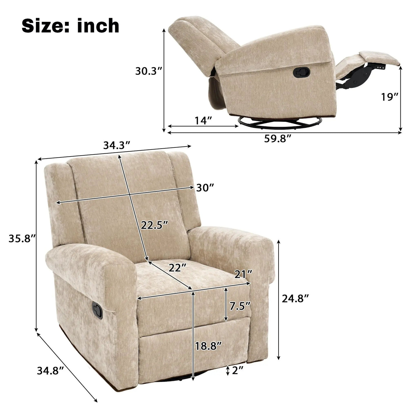 Manual Recliner Chair With Swivel Rocker Function, Dual Recline Angles by HouseOfZazla