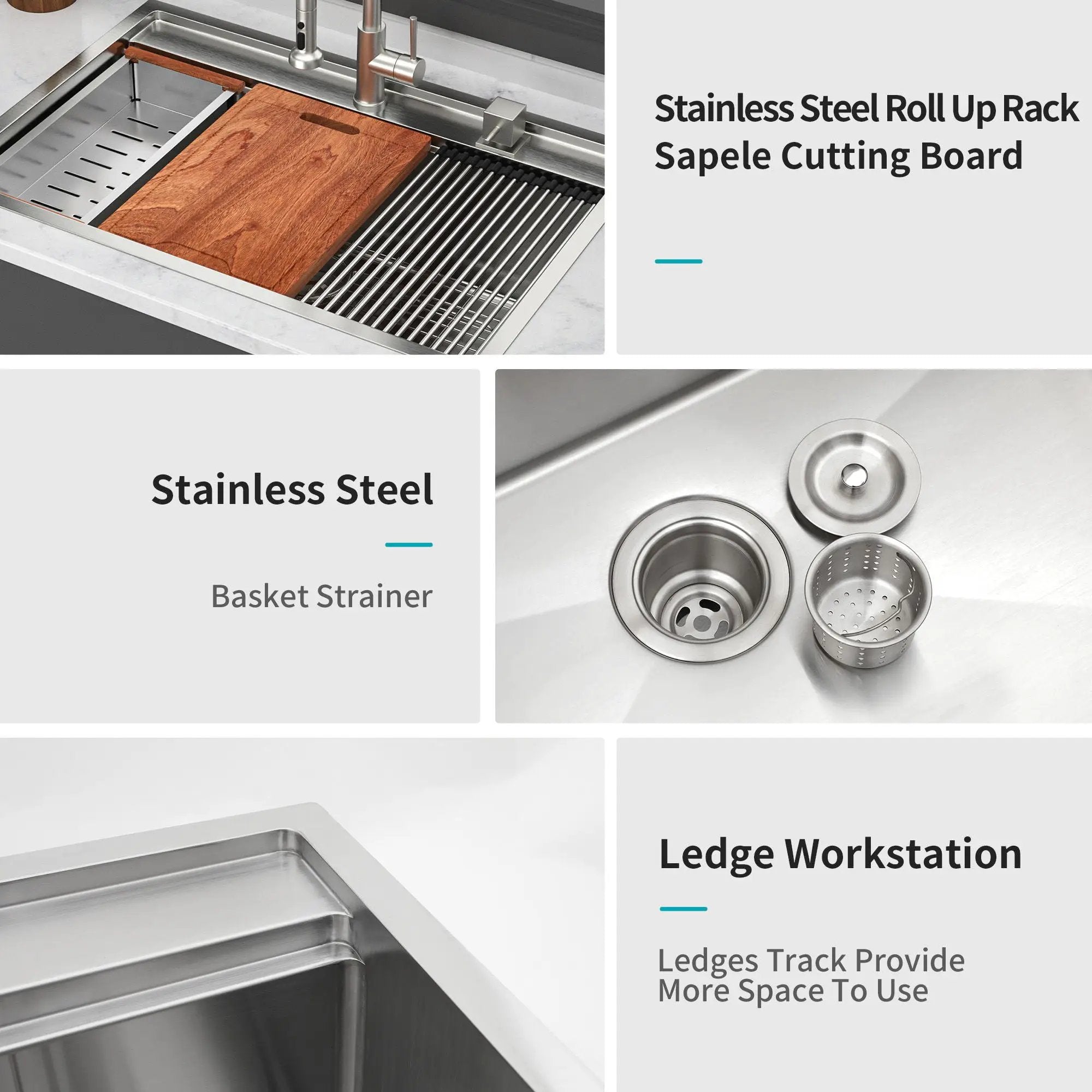 33" Drop In Kitchen Sink With Workstation, 16 Gauge Stainless Steel - Brushed Nickel by HouseOfZazla